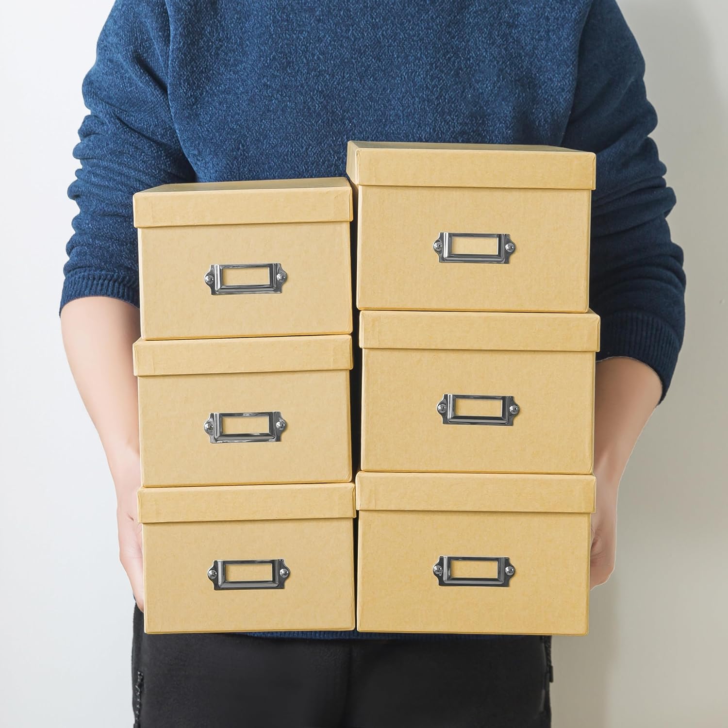 Soul & Lane Kraft Storage Boxes - Set of 6 (3 Large, 3 Medium), Keepsake Memory Storage Boxes with Lids, Cardboard Organizers with Label Holders for Photos, Crafts, Decoupage & Collectibles