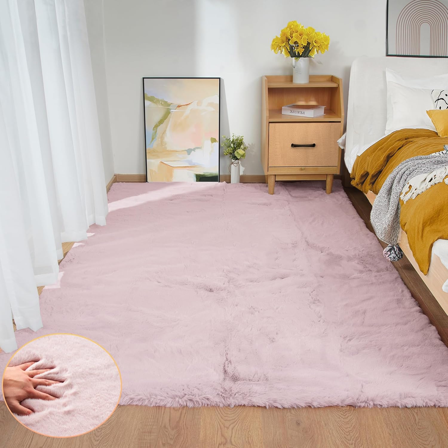 ORINOVA Pink Washable Fluffy 5x8 Area Rugs for Bedroom Plush Faux Rabbit Shag Fur Rug for Living Room Nursery Rug