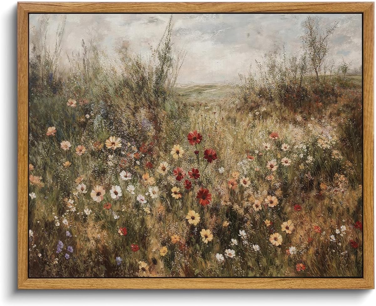 OIQArtOIQ Framed Canvas Wall Art,Vintage Decor,Landscape Nature Country Wildflower Paintings Farmhouse Pictures Modern Artwork Rustic Fall Flower Prints Cottagecore Office Living Room Bedroom Bathroom