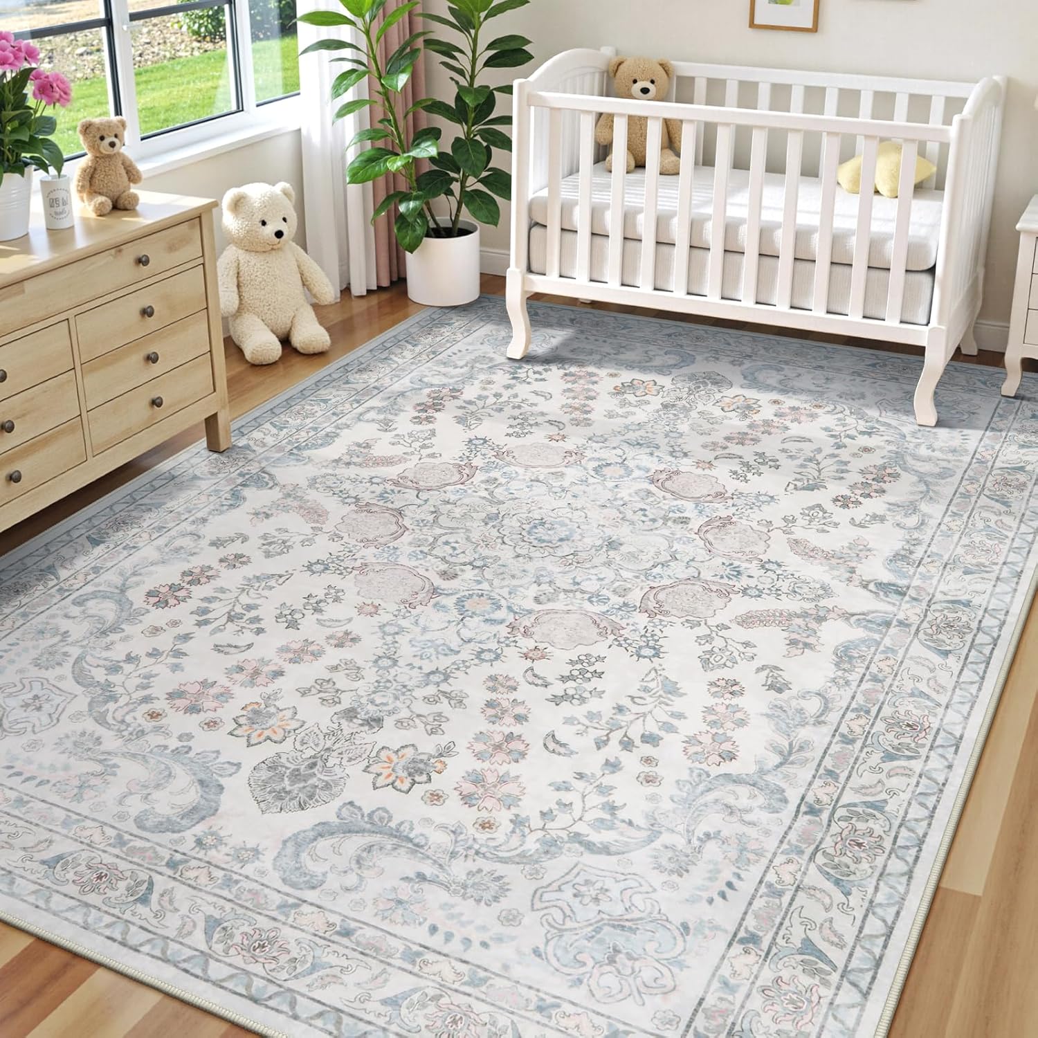 Wonnitar Floral Bow Print 8x10 Area Rugs, Washable Pink Rugs for Bedroom Girls, Boho Ultra-Thin Soft Non Slip Carpet for Nursery Living Room Kids Room Classroom Decor, Light Pink