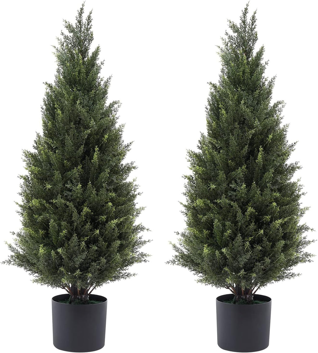 3ft(35”) Artificial Cedar Outdoor Artificial Shrub Sunlight Resistant Leafy Potted Plant for Indoor Porch of Home and Office Artificial Outdoor Tree 2 Pieces a Set Topiary Trees