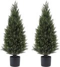 3ft(35”) Artificial Cedar Outdoor Artificial Shrub Sunlight Resistant Leafy Potted Plant for Indoor Porch of Home and Office Artificial Outdoor Tree 2 Pieces a Set Topiary Trees
