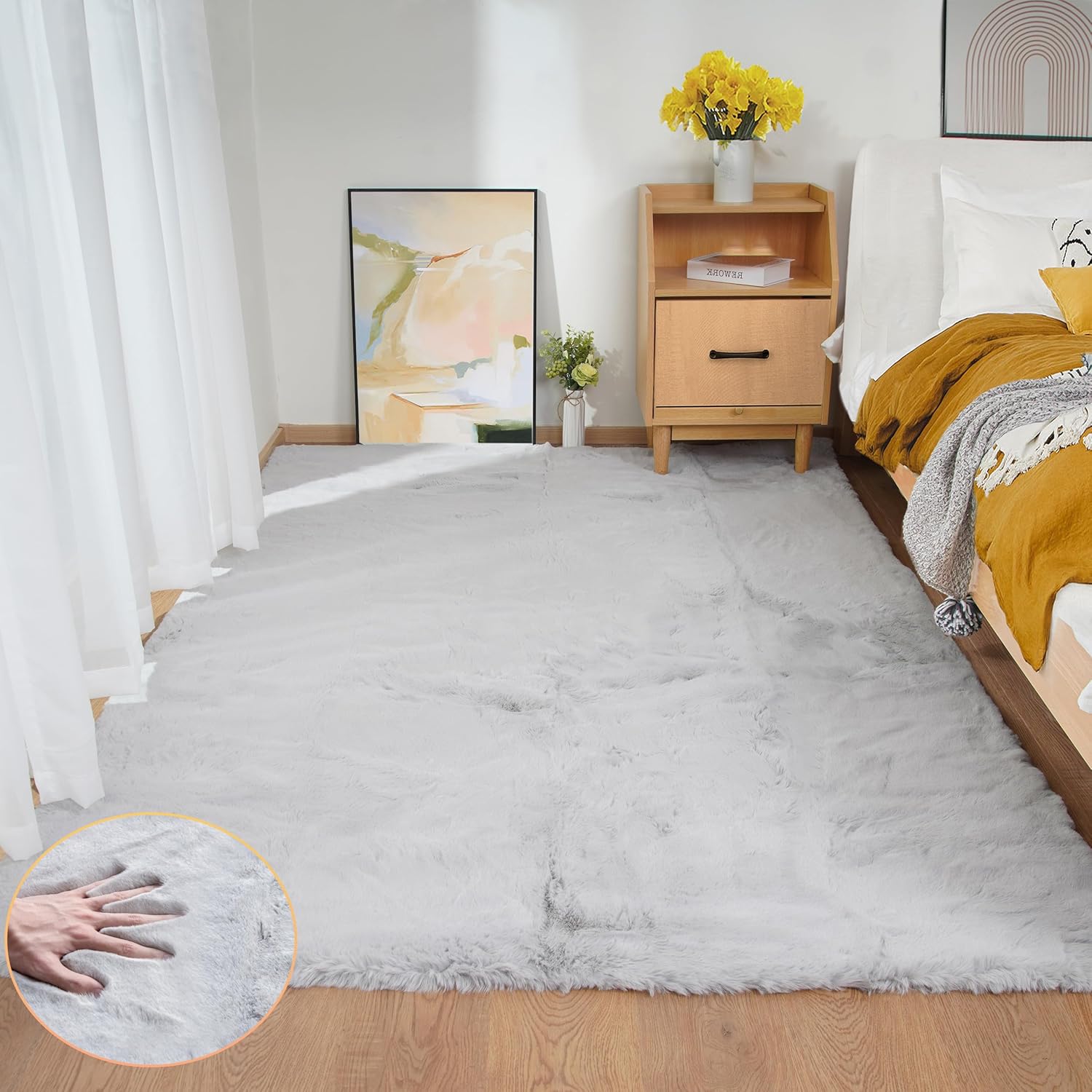 ORINOVA Pink Washable Fluffy 5x8 Area Rugs for Bedroom Plush Faux Rabbit Shag Fur Rug for Living Room Nursery Rug