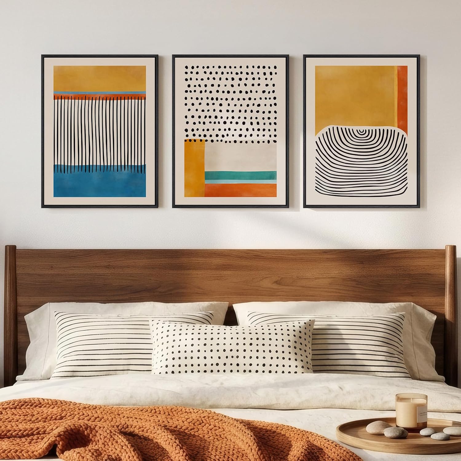 Framed Sage Green Boho Wall Art for Living Room, 3 Piece Minimalist Beige and Green Bohemian Artwork for Walls, Large Geometric Leaf Line Boho Paintings Prints for Bedroom Hallway Wall Decor, 16x24 In