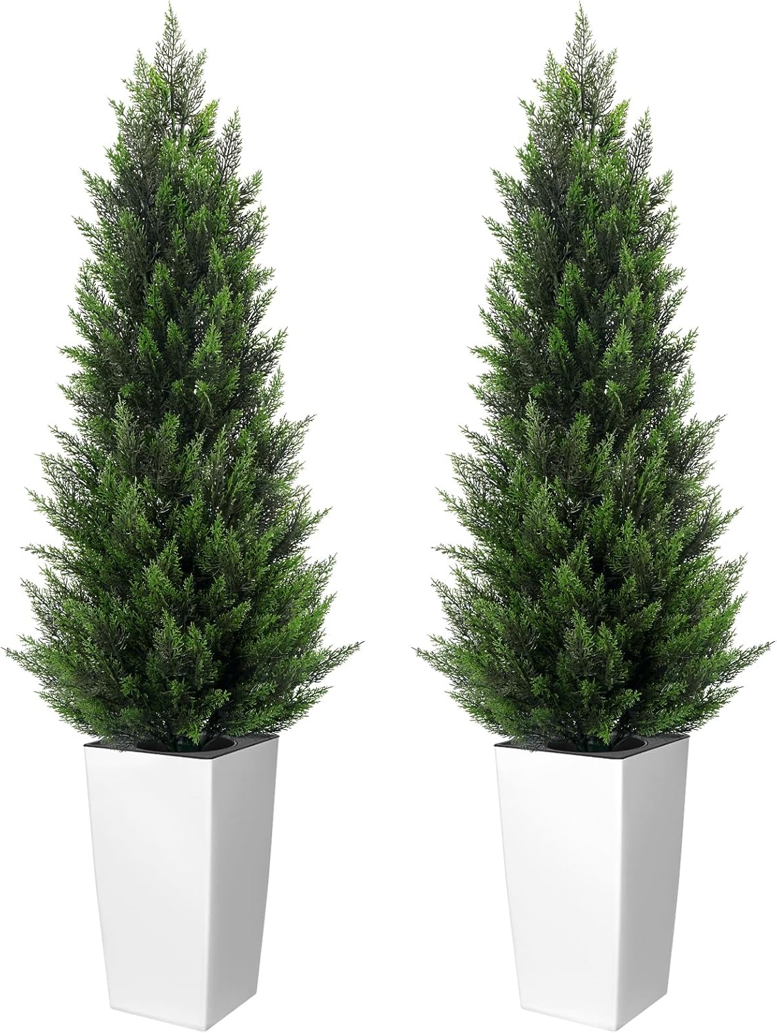 4FT Tall 2 Set Artificial Topiary Cedar Tree, Indoor Realistic Faux Cypress Plants with Square Flowerpot, Outdoor Evergreen Fake Shrubs for Home Living Room Front Porch Decor