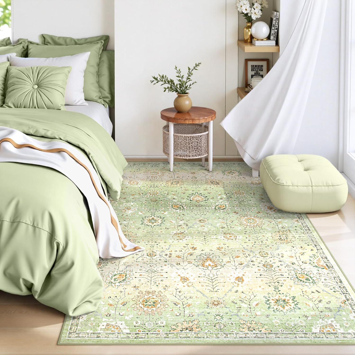 Lahome Pink Boho Area Rug, 8x10 Washable Rugs for Bedroom Girls Living Room, Soft Blush Floral Non Slip Pastel Thin Floor Carpet for Classroom Playroom Home Decor