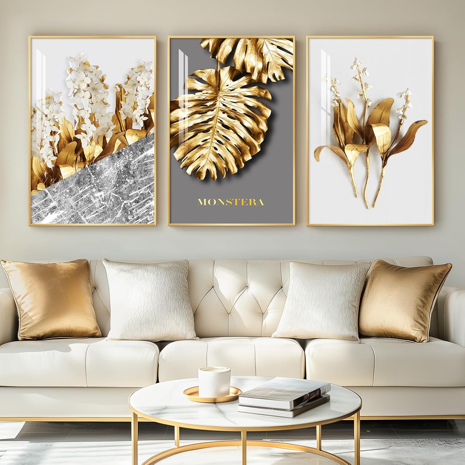 Large Framed Modern Luxury Gold Wall Art for Living Room, 3 Piece Bright Style Art Prints Paintings Artwork for Walls, Bronze Gold Geometric Pictures for Hallway Stair Office Wall Decor 24x36 In