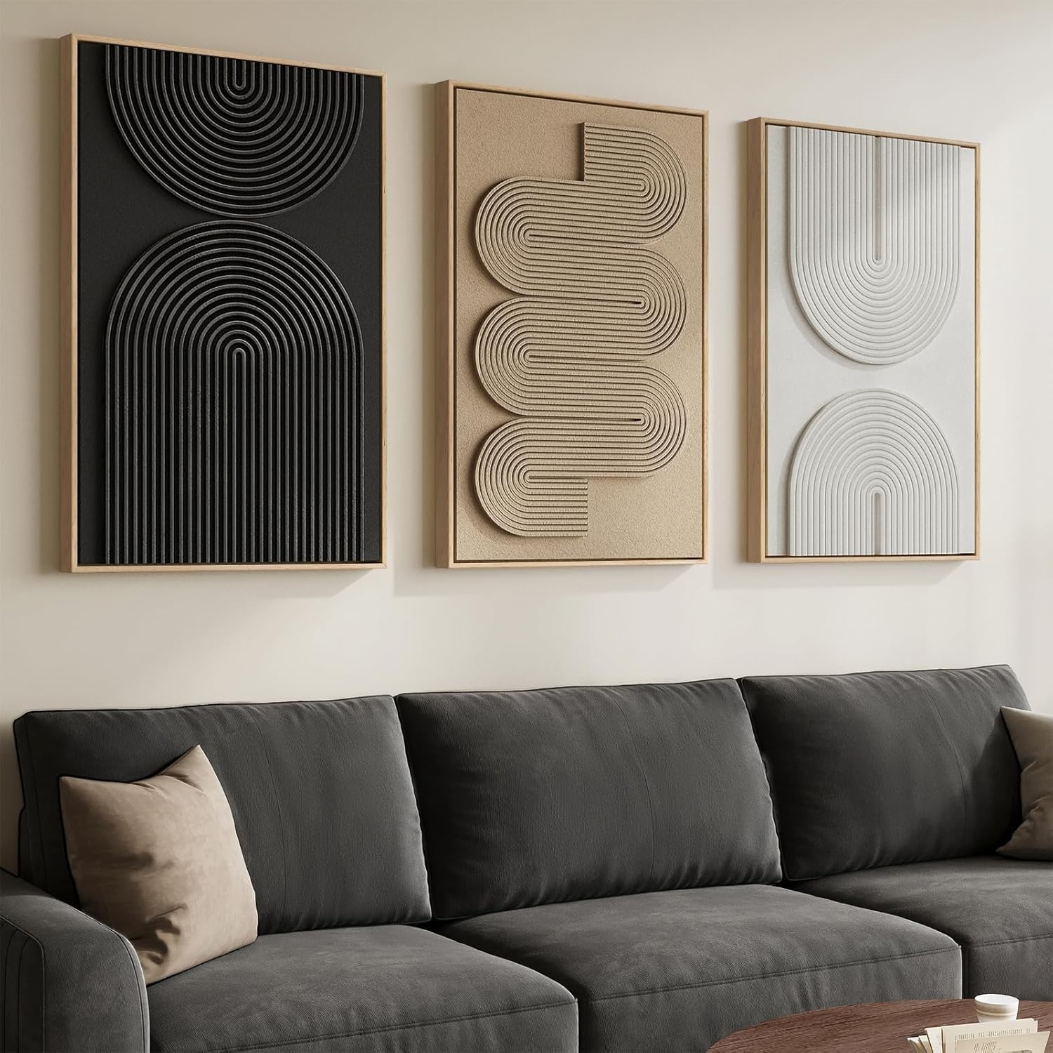Large 3D Textured Framed Boho Neutral Abstract Wall Art for Living Room, 3 Piece Modern Paintings Artwork for Walls, Black White Brown Minimalist Geometric Pictures for Hallway Office Wall Decor 24x36 In