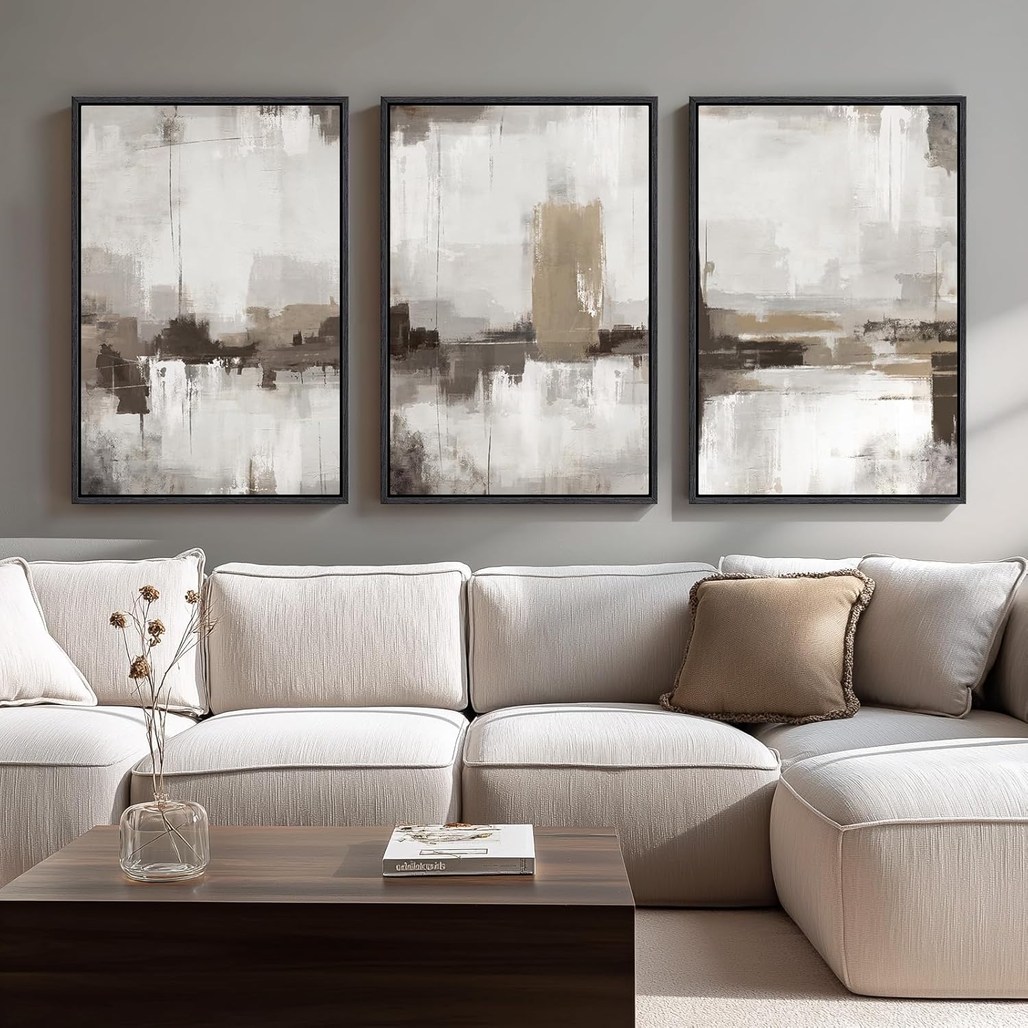 Large Framed Neutral Abstract Wall Art for Living Room, 3 Piece Modern Canvas Prints Paintings Artwork for Walls, Black and Beige Pictures for Living Room Hallway Stair Office Wall Decor 24x36 Inch