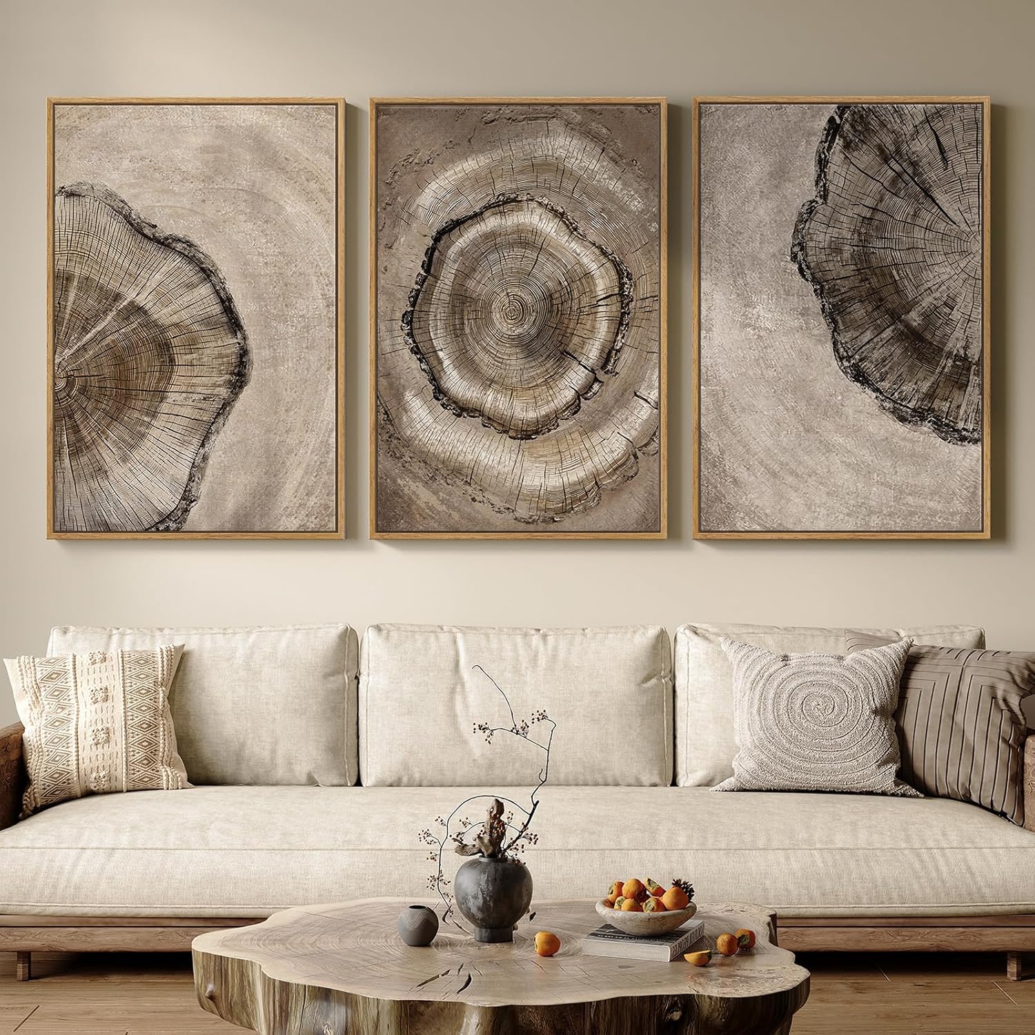 Large Vintage Framed Neutral Landscape Wall Art for Living Rooms, 3 Piece Retro Big Tree Sketch Botanical Forest Antique Canvas Artwork Set, Rustic Nature Wabi Sabi Art Prints for Hallway Home Office 24x36 Inch