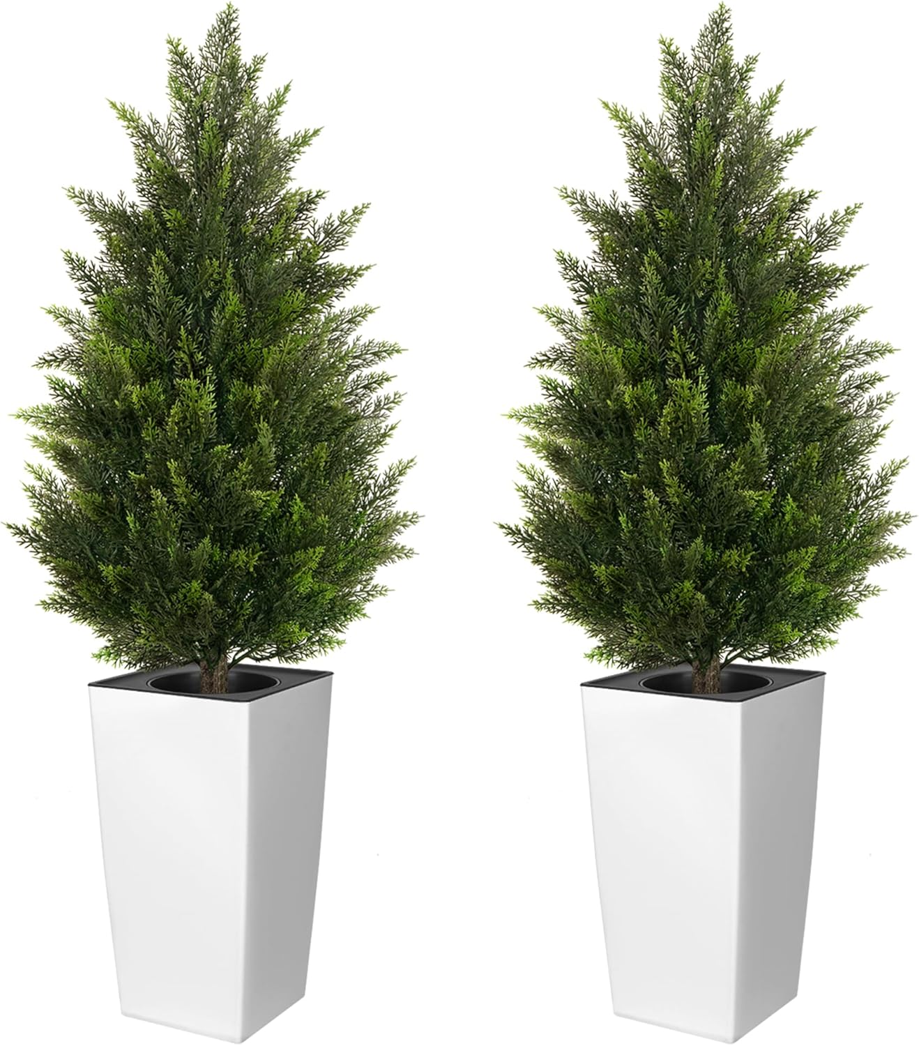 4FT Tall 2 Set Artificial Topiary Cedar Tree, Indoor Realistic Faux Cypress Plants with Square Flowerpot, Outdoor Evergreen Fake Shrubs for Home Living Room Front Porch Decor