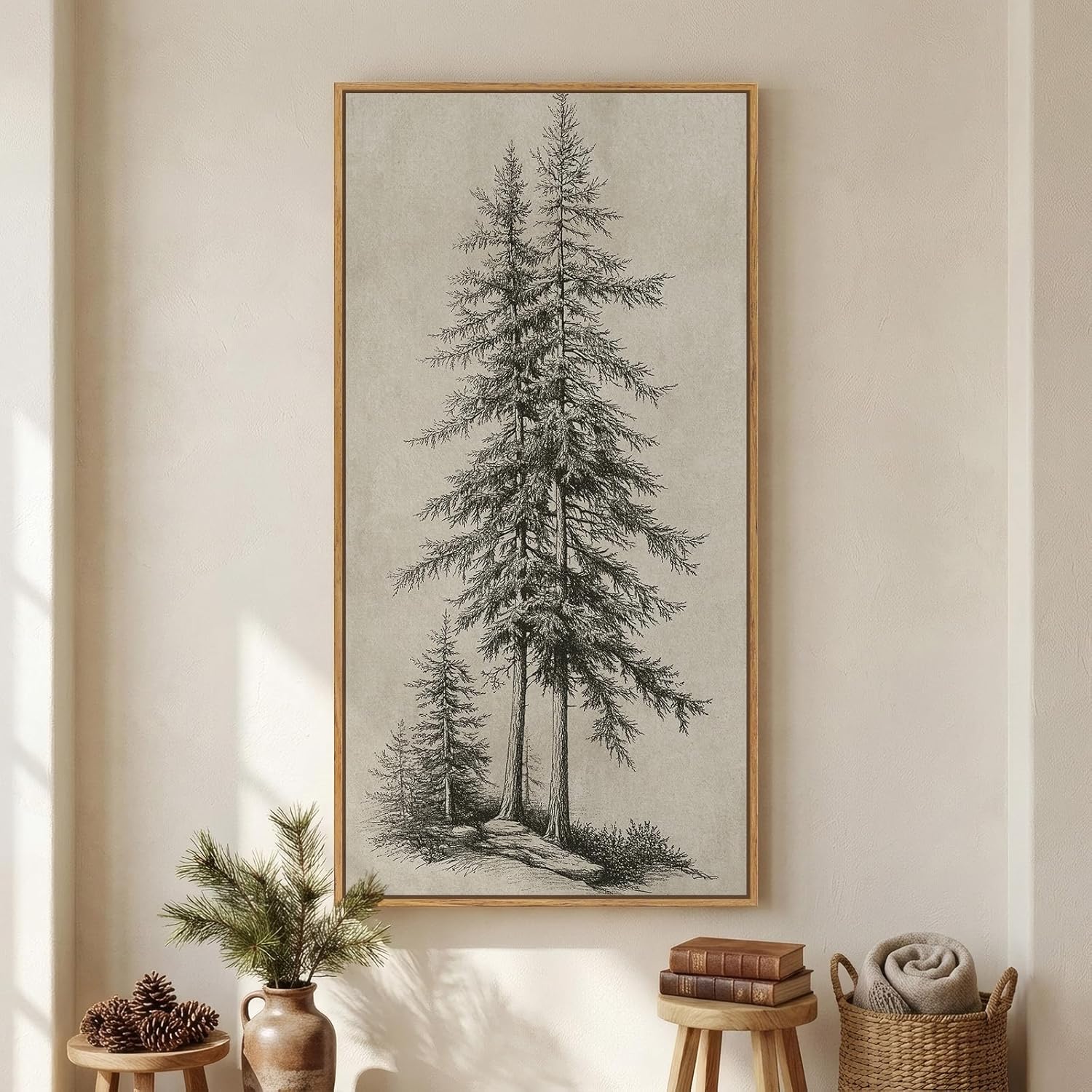 Framed Vertical Colorful Tree Ring Living Room Wall Art, Large Vintage Farmhouse Wood Stump Canvas Artwork for Walls, Rustic Nature Tree Ring Painting Print for Office Kitchen Foyer Stair Wall Decor, 20x40 Inch