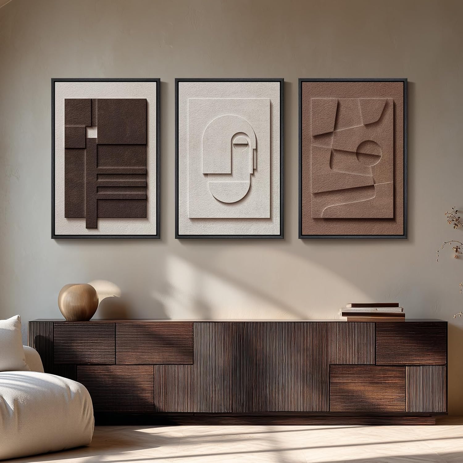 Large 3D Textured Framed Boho Neutral Abstract Wall Art for Living Room, 3 Piece Modern Paintings Artwork for Walls, Black White Brown Minimalist Geometric Pictures for Hallway Office Wall Decor 24x36 In