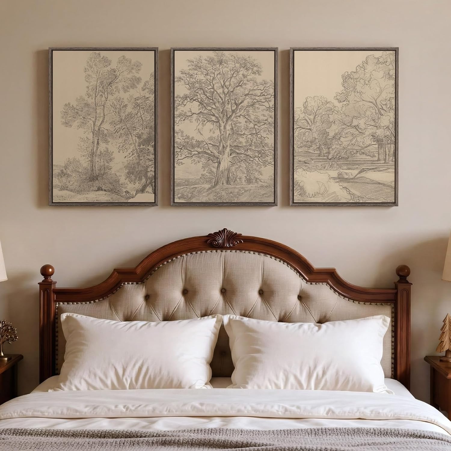 Large Vintage Framed Neutral Landscape Wall Art for Living Rooms, 3 Piece Retro Big Tree Sketch Botanical Forest Antique Canvas Artwork Set, Rustic Nature Wabi Sabi Art Prints for Hallway Home Office 24x36 Inch