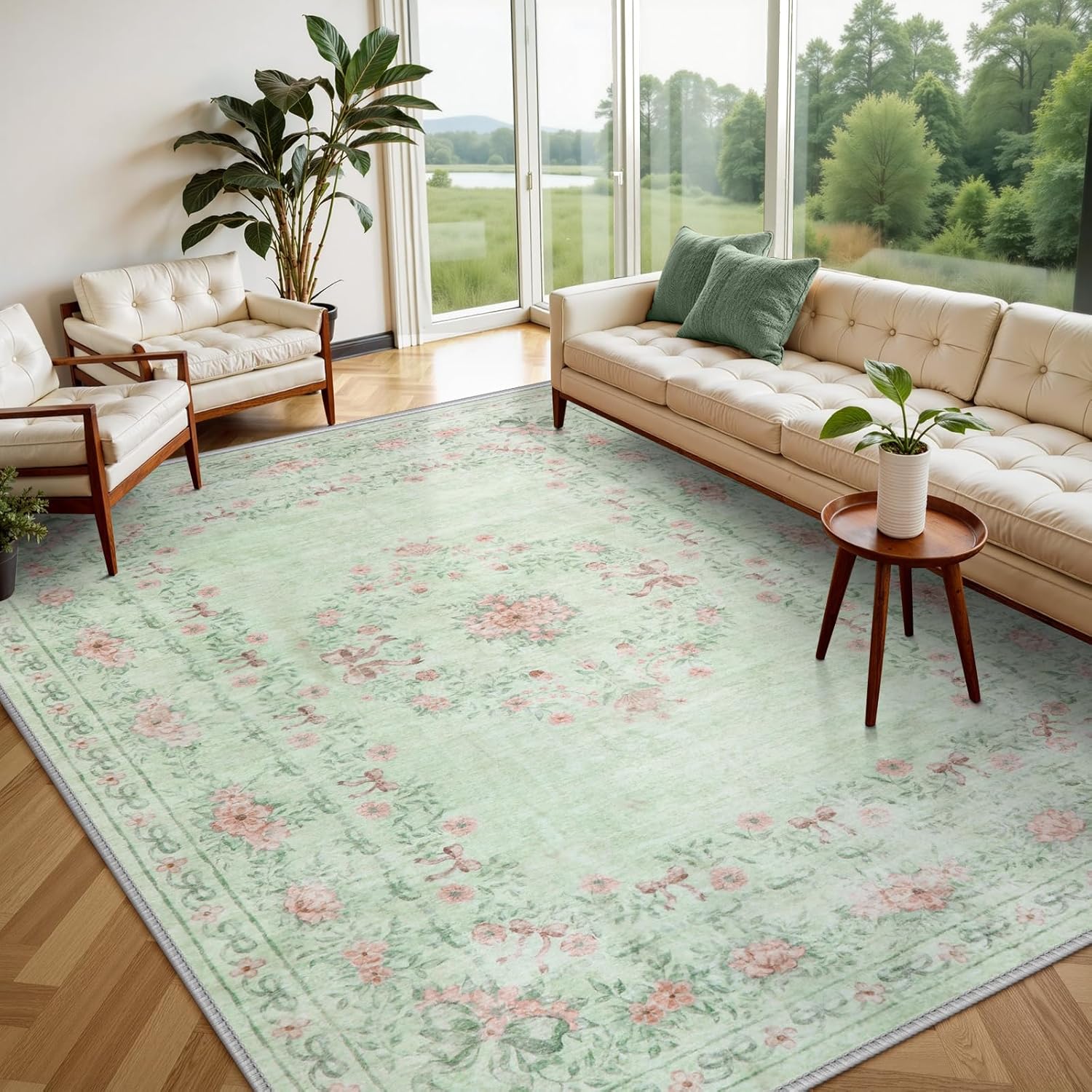 Wonnitar Floral Bow Print 8x10 Area Rugs, Washable Pink Rugs for Bedroom Girls, Boho Ultra-Thin Soft Non Slip Carpet for Nursery Living Room Kids Room Classroom Decor, Light Pink