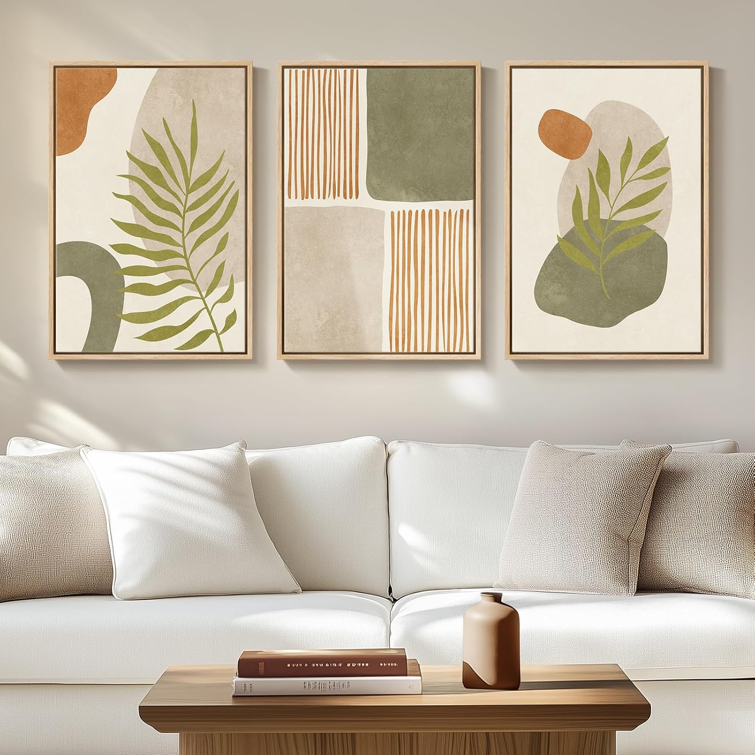 Framed Sage Green Boho Wall Art for Living Room, 3 Piece Minimalist Beige and Green Bohemian Artwork for Walls, Large Geometric Leaf Line Boho Paintings Prints for Bedroom Hallway Wall Decor, 16x24 In