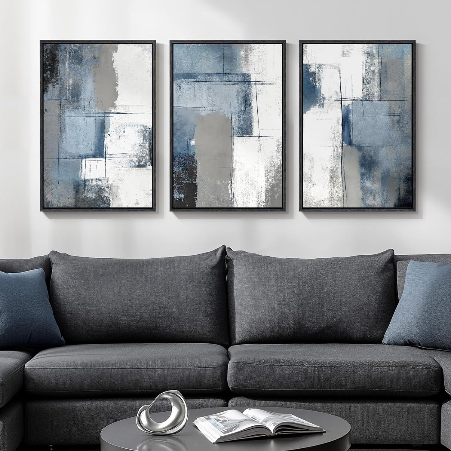 Large Framed Blue and Grey Abstract Wall Art for Living Room, 3 Piece Modern Canvas Prints Paintings Artwork for Walls, Minimalist Abstract Pictures Wall Decor for Hallway Office Bedroom 24x36 In