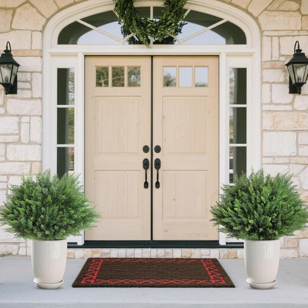 23" Artificial Cedar Topiary Ball Trees ，Set of 2 Outdoor Faux Plants with Ground Spike, UV Resistant Fake Pine Shrubs Bushes for Indoor Front Porch Yard Decorations (Cypres)