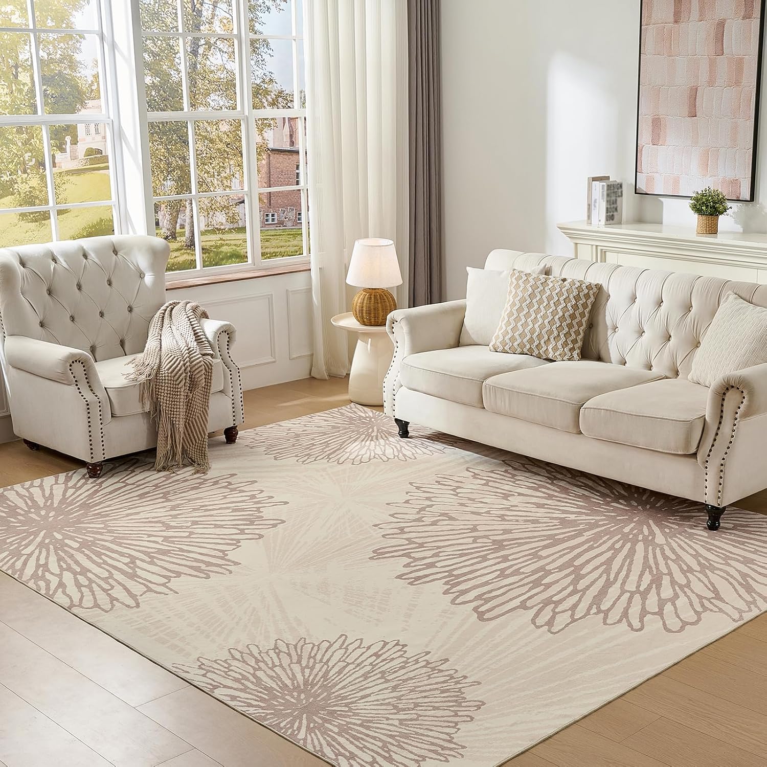 WITSHOCK Pink Rugs 9x12 for Bedroom Girls,Floral Modern Distress Print Pattern Carpet for Living Room Dining Room,Stain Resistant Anti Slip Backing Rugs for Kids Room Nursery Playroom,Light Pink