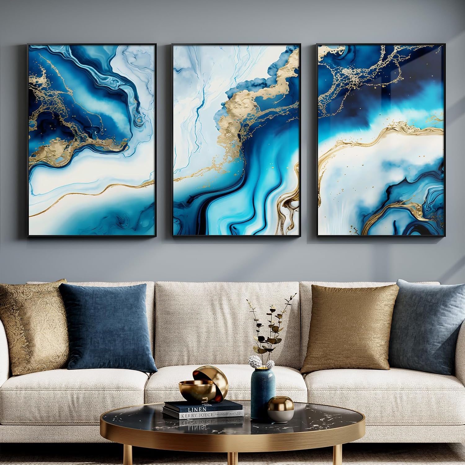 Large Framed Blue and Grey Abstract Wall Art for Living Room, 3 Piece Modern Canvas Prints Paintings Artwork for Walls, Minimalist Abstract Pictures Wall Decor for Hallway Office Bedroom 24x36 In