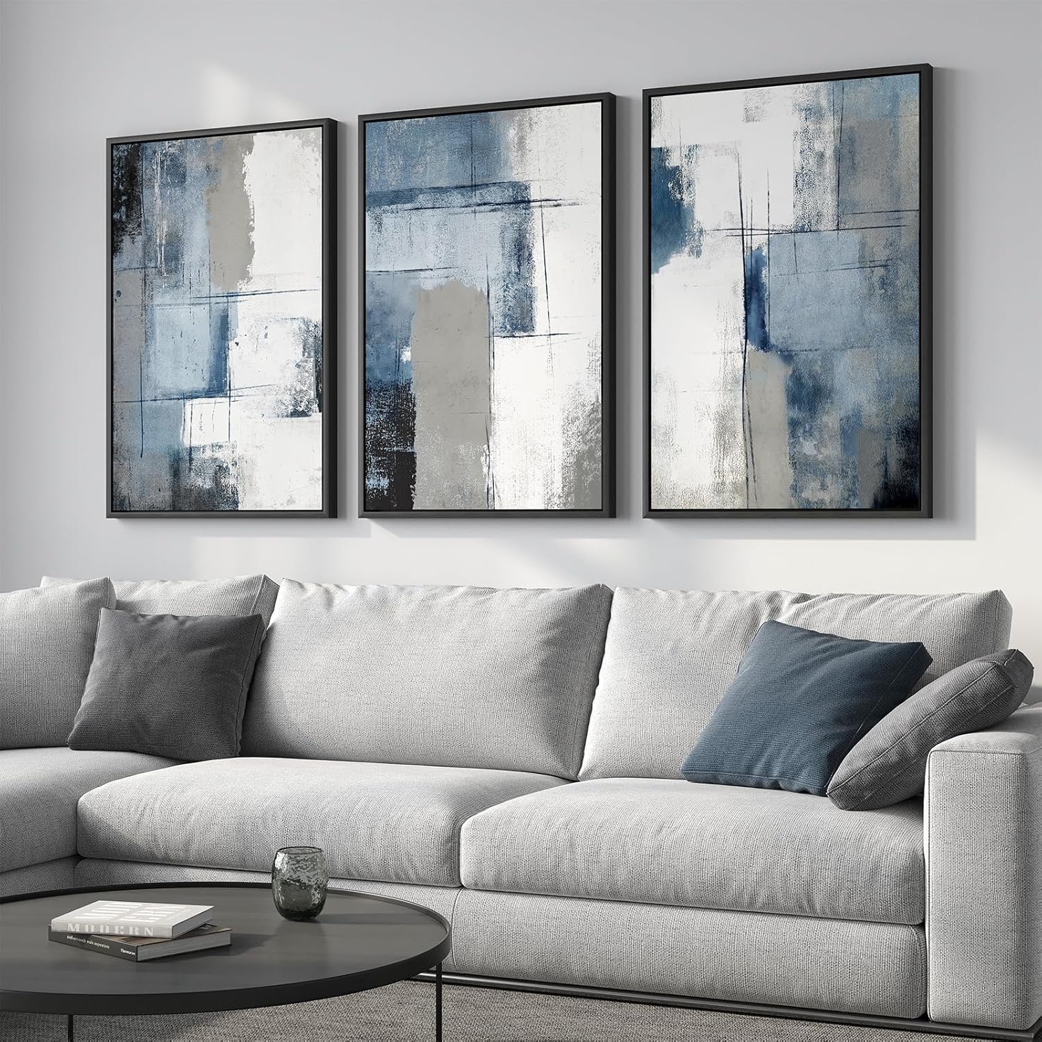 Large Framed Blue and Grey Abstract Wall Art for Living Room, 3 Piece Modern Canvas Prints Paintings Artwork for Walls, Minimalist Abstract Pictures Wall Decor for Hallway Office Bedroom 24x36 In