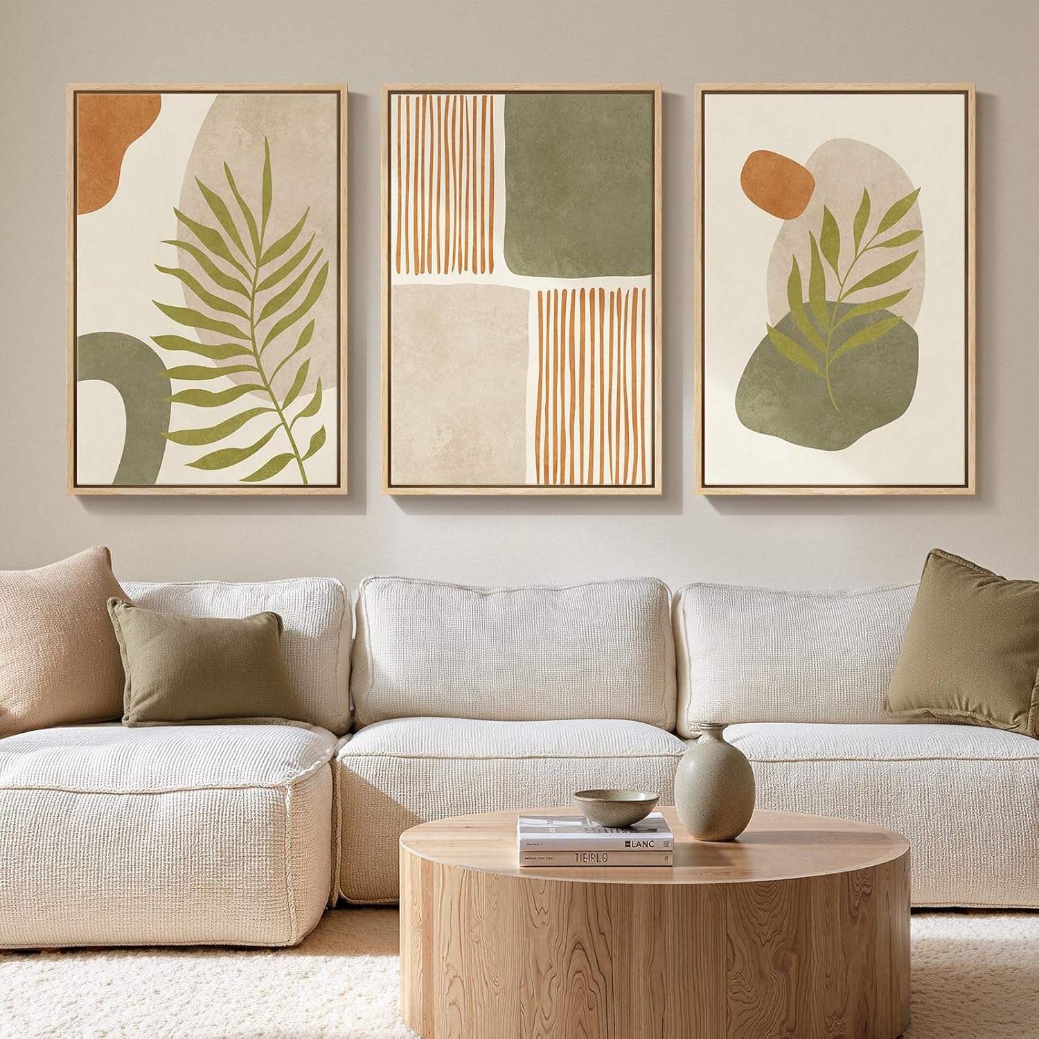 Framed Sage Green Boho Wall Art for Living Room, 3 Piece Minimalist Beige and Green Bohemian Artwork for Walls, Large Geometric Leaf Line Boho Paintings Prints for Bedroom Hallway Wall Decor, 16x24 In
