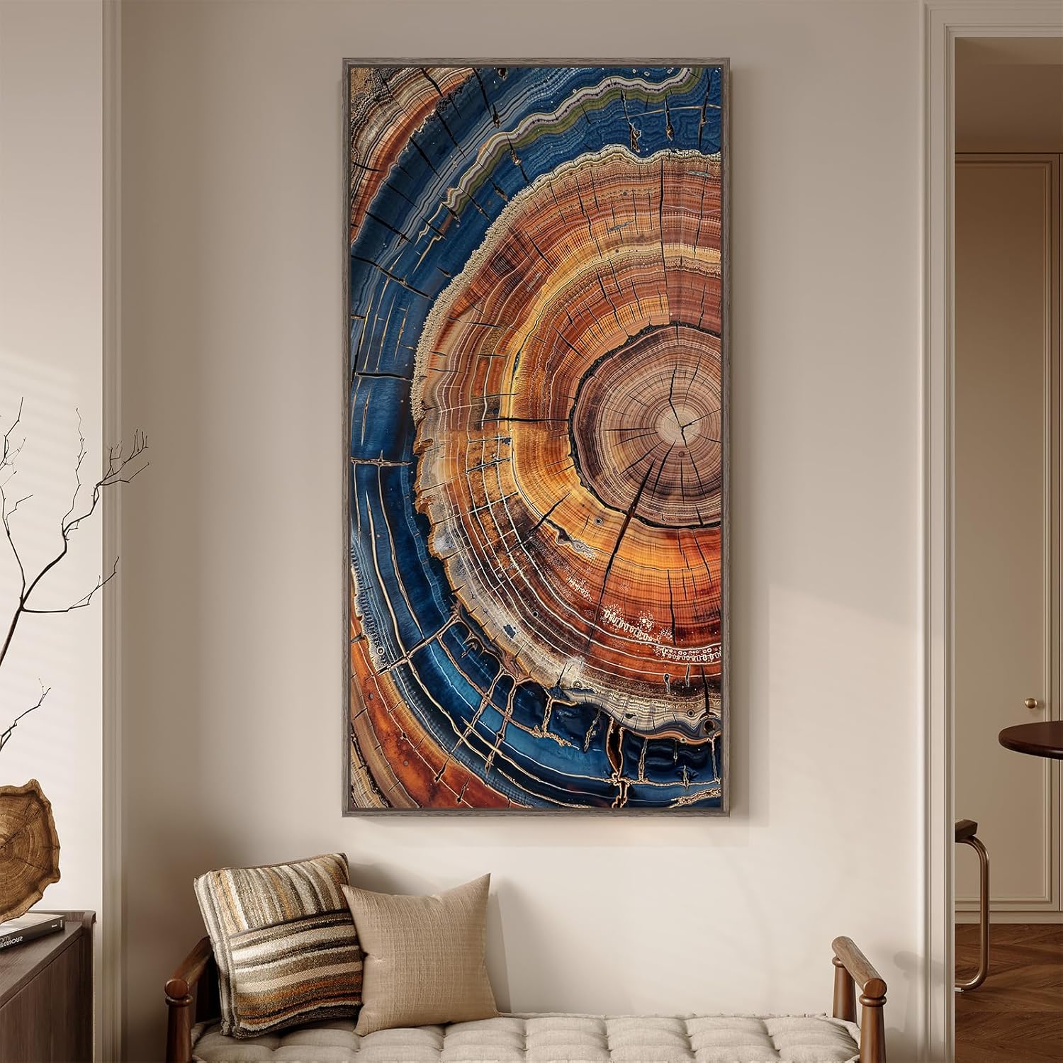 Framed Vertical Colorful Tree Ring Living Room Wall Art, Large Vintage Farmhouse Wood Stump Canvas Artwork for Walls, Rustic Nature Tree Ring Painting Print for Office Kitchen Foyer Stair Wall Decor, 20x40 Inch