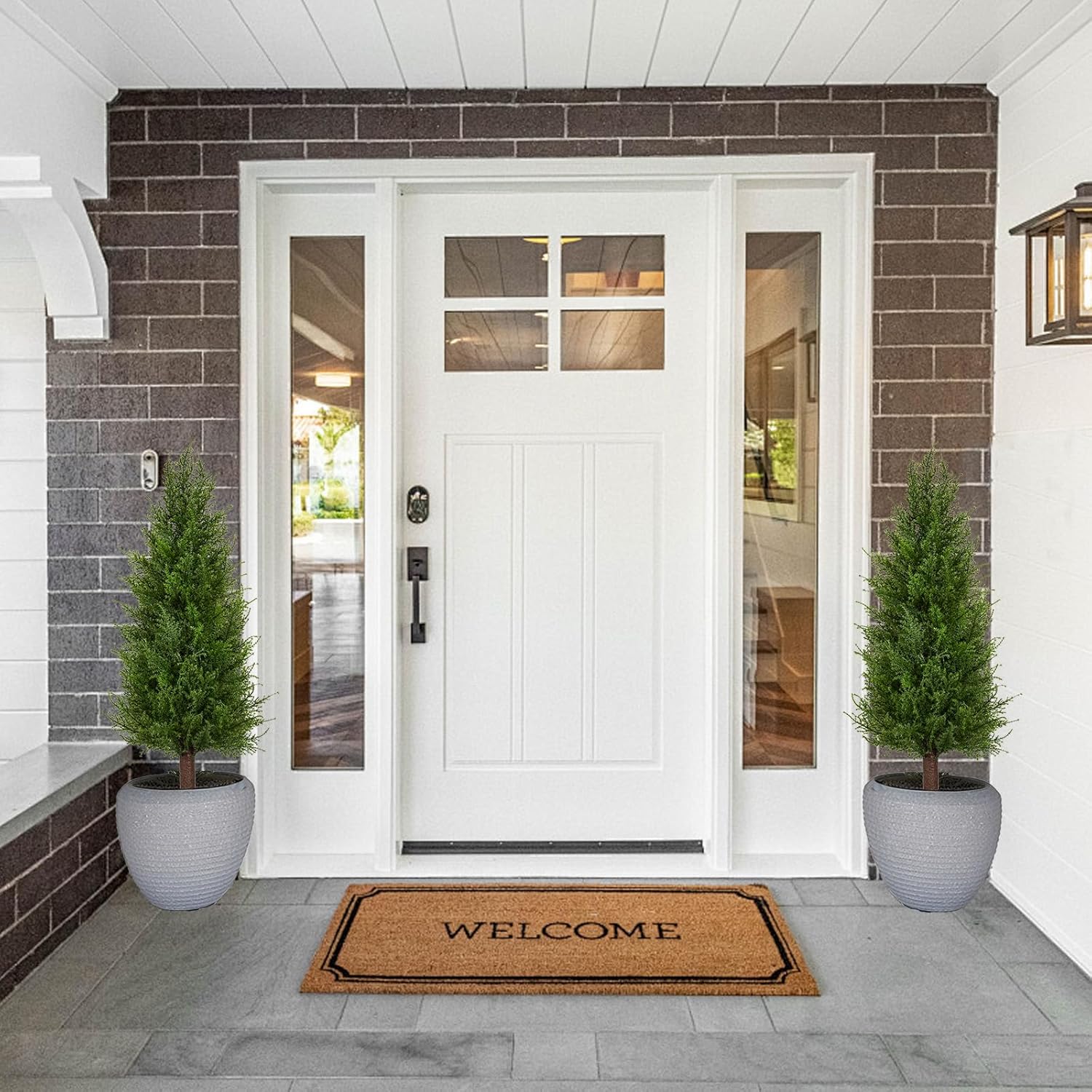 2 Pack 3ft Artificial Cedar Topiary Trees with Ground Spike, Realistic Fake Plants Tree UV Resistant Artificial Plants Indoor Outdoor Faux Plants Evergreen Bushes Shrubs for Porch Garden Office