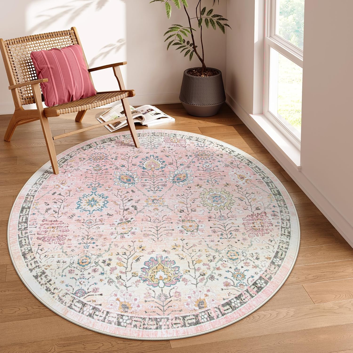 Lahome Pink Boho Area Rug, 8x10 Washable Rugs for Bedroom Girls Living Room, Soft Blush Floral Non Slip Pastel Thin Floor Carpet for Classroom Playroom Home Decor