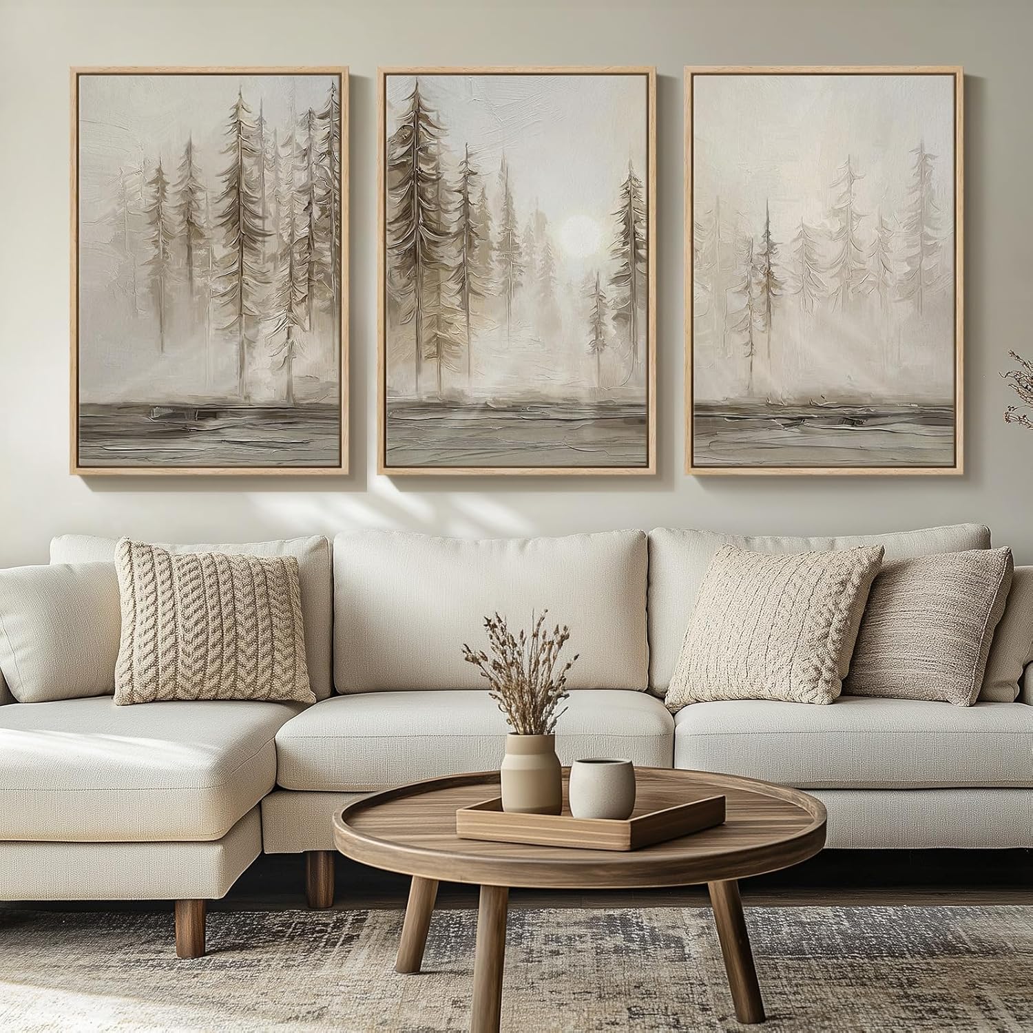 Large Vintage Framed Neutral Landscape Wall Art for Living Rooms, 3 Piece Retro Big Tree Sketch Botanical Forest Antique Canvas Artwork Set, Rustic Nature Wabi Sabi Art Prints for Hallway Home Office 24x36 Inch