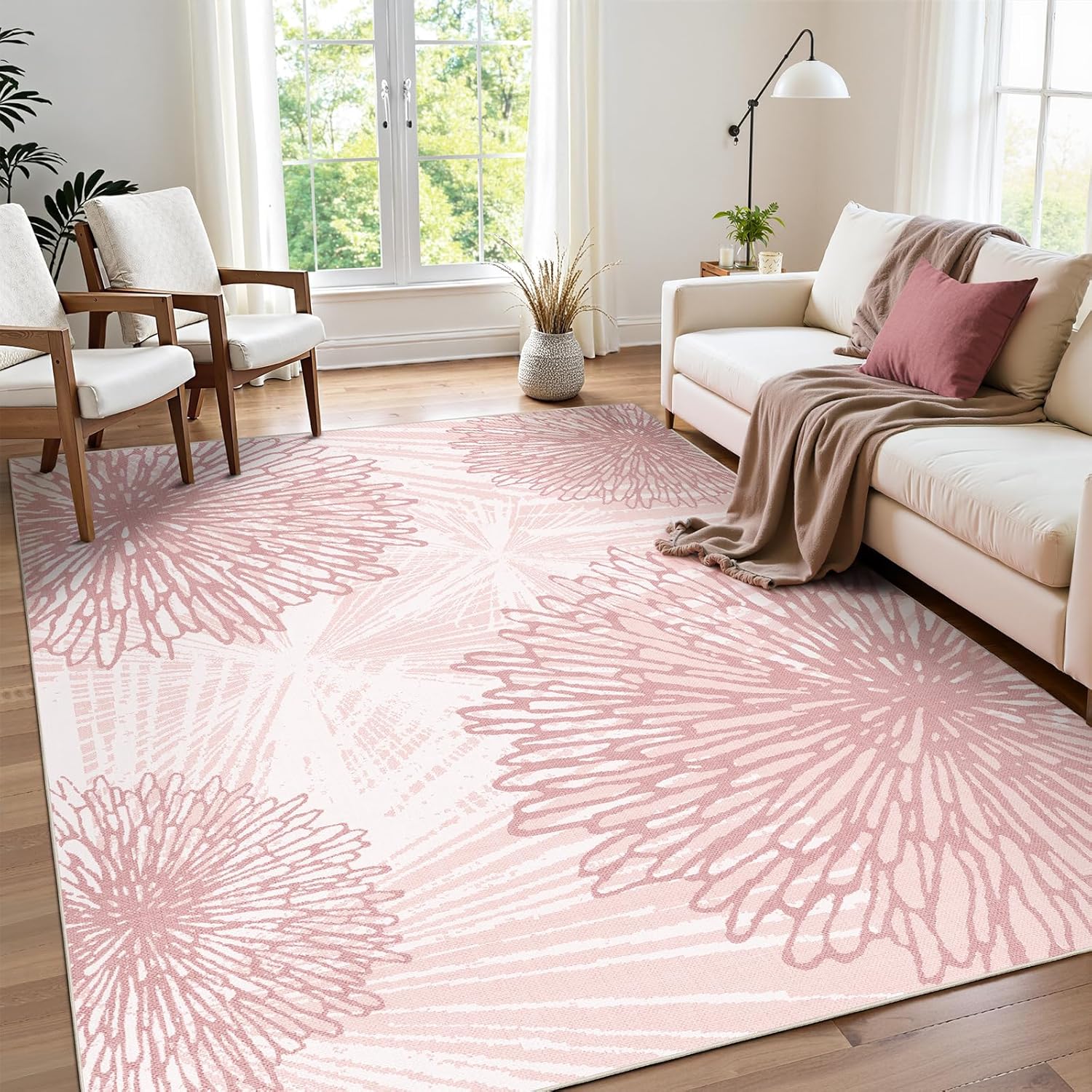 WITSHOCK Pink Rugs 9x12 for Bedroom Girls,Floral Modern Distress Print Pattern Carpet for Living Room Dining Room,Stain Resistant Anti Slip Backing Rugs for Kids Room Nursery Playroom,Light Pink