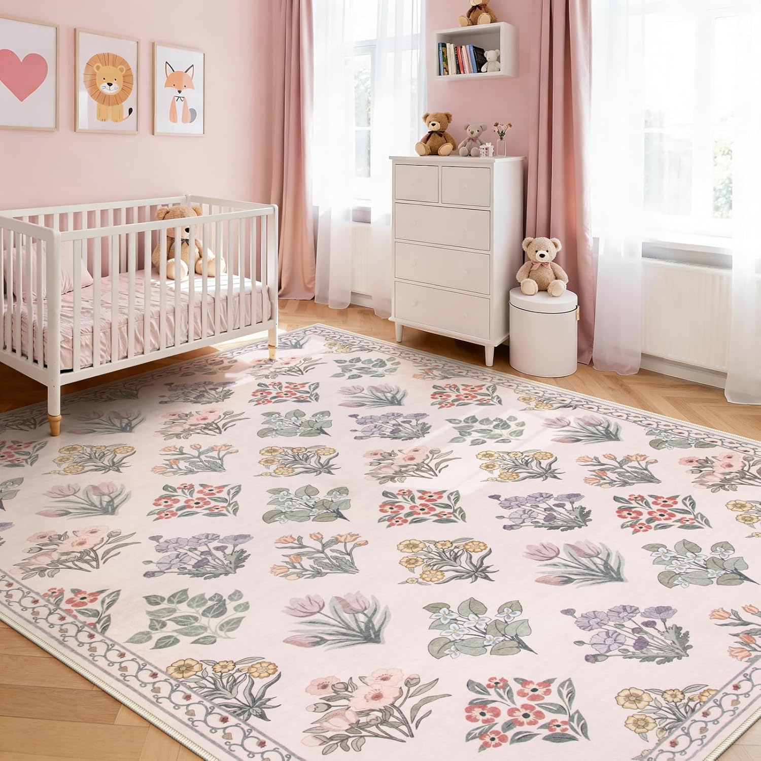 Wonnitar Floral Bow Print 8x10 Area Rugs, Washable Pink Rugs for Bedroom Girls, Boho Ultra-Thin Soft Non Slip Carpet for Nursery Living Room Kids Room Classroom Decor, Light Pink