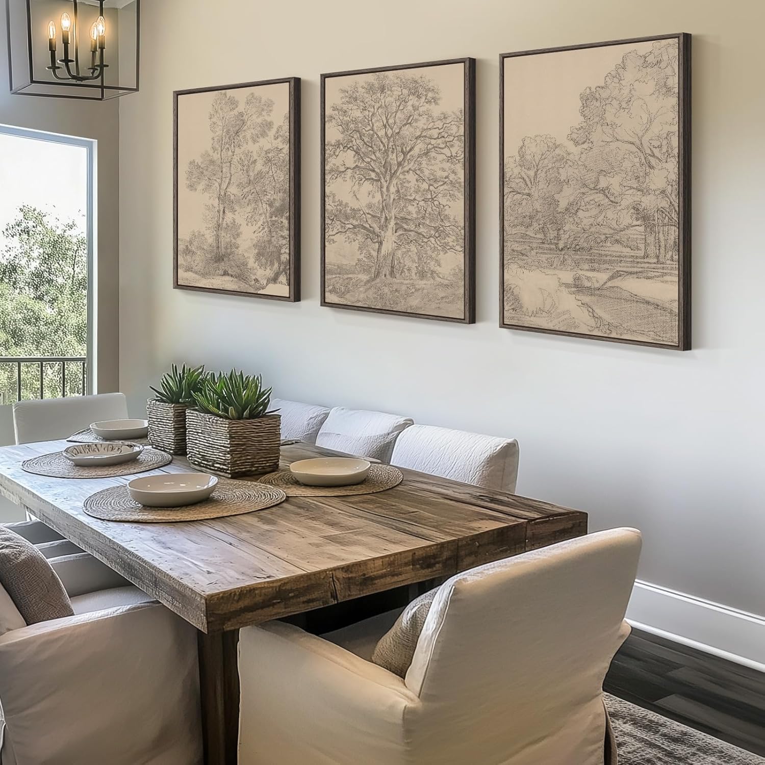 Large Vintage Framed Neutral Landscape Wall Art for Living Rooms, 3 Piece Retro Big Tree Sketch Botanical Forest Antique Canvas Artwork Set, Rustic Nature Wabi Sabi Art Prints for Hallway Home Office 24x36 Inch