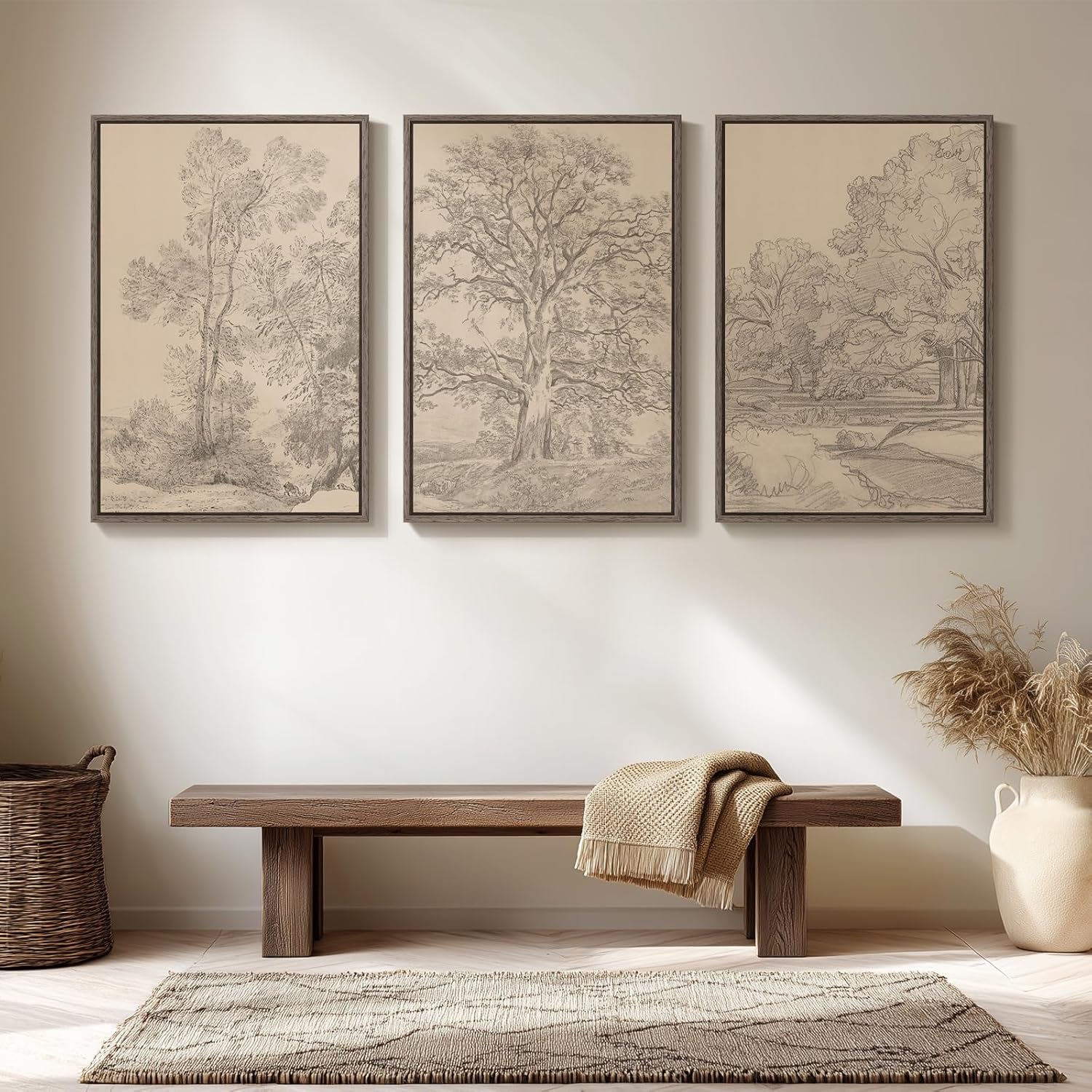 Large Vintage Framed Neutral Landscape Wall Art for Living Rooms, 3 Piece Retro Big Tree Sketch Botanical Forest Antique Canvas Artwork Set, Rustic Nature Wabi Sabi Art Prints for Hallway Home Office 24x36 Inch