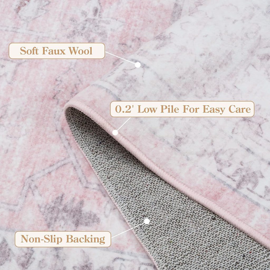 LIVEBOX Pink 8x10 Area Rug for Bedroom Girls, Boho Washable Rugs for Living Room Nursery, Non-Slip Indoor Soft Carpet Low-Pile Farmhouse Carpets for Dining Room Kids Playroom, Pink