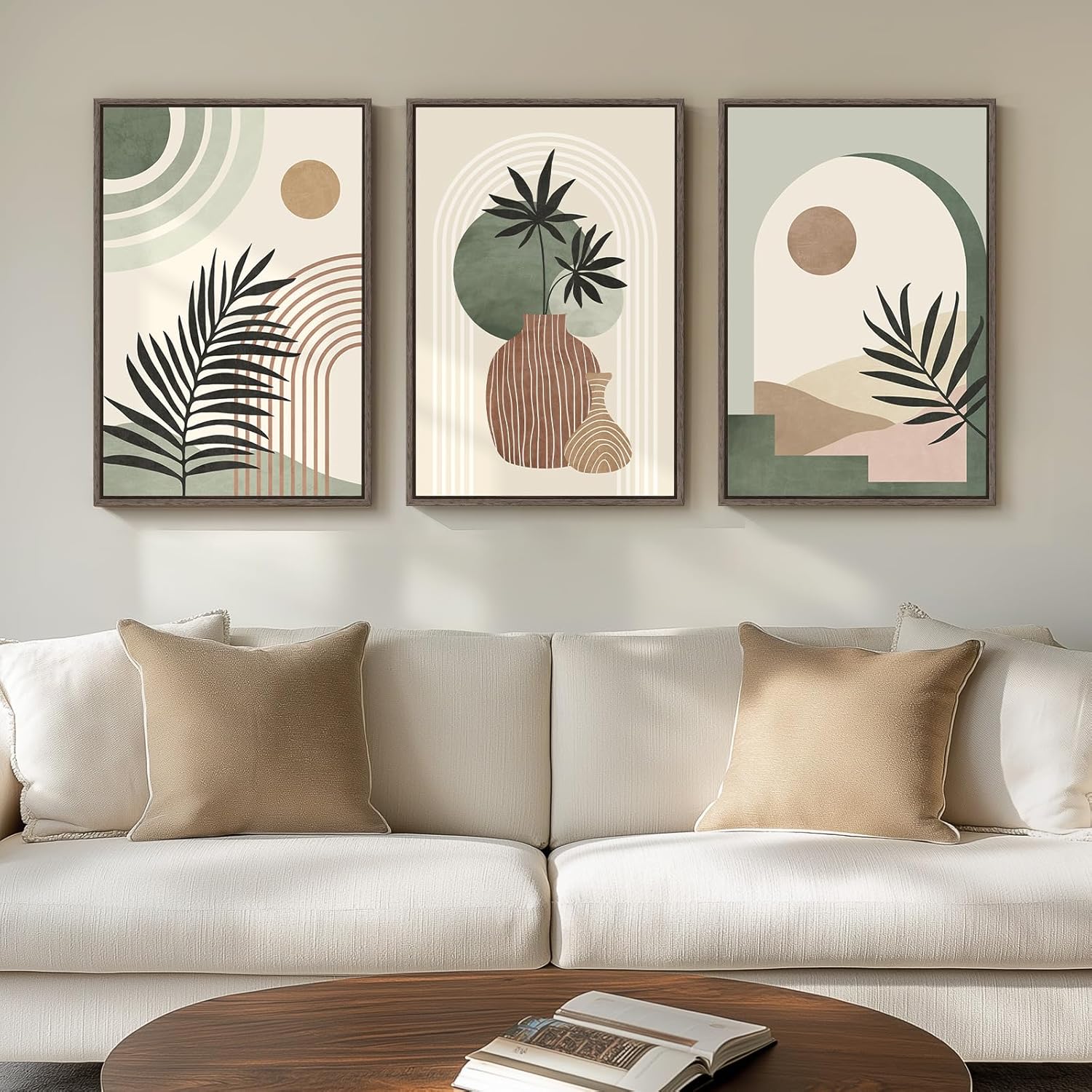 Framed Sage Green Boho Wall Art for Living Room, 3 Piece Minimalist Beige and Green Bohemian Artwork for Walls, Large Geometric Leaf Line Boho Paintings Prints for Bedroom Hallway Wall Decor, 16x24 In