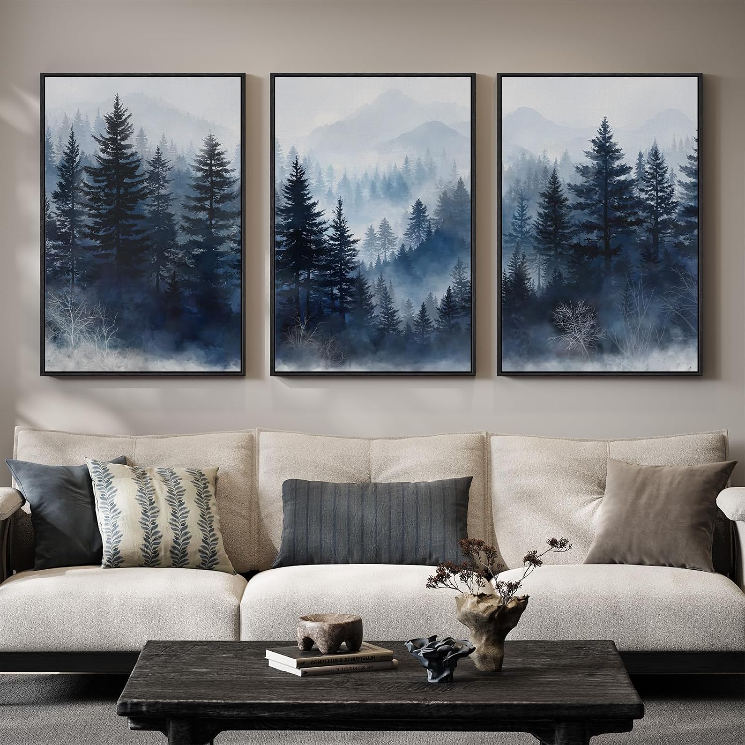 Large Vintage Framed Neutral Landscape Wall Art for Living Rooms, 3 Piece Retro Big Tree Sketch Botanical Forest Antique Canvas Artwork Set, Rustic Nature Wabi Sabi Art Prints for Hallway Home Office 24x36 Inch