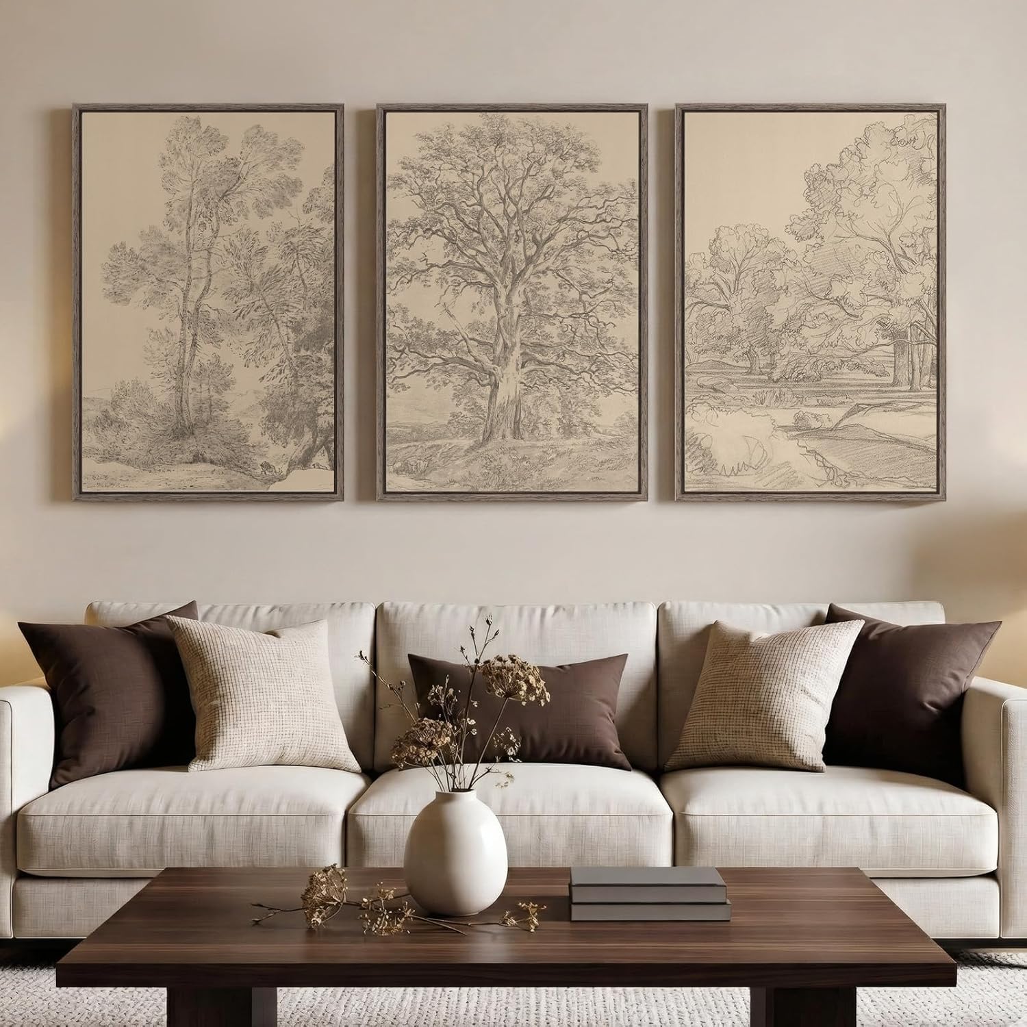 Large Vintage Framed Neutral Landscape Wall Art for Living Rooms, 3 Piece Retro Big Tree Sketch Botanical Forest Antique Canvas Artwork Set, Rustic Nature Wabi Sabi Art Prints for Hallway Home Office 24x36 Inch