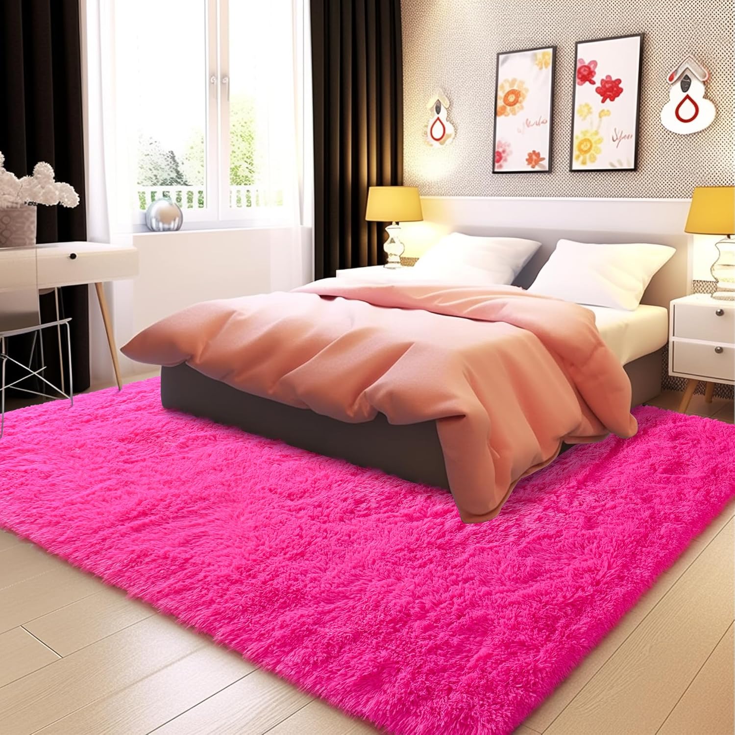 Awaytail Fluffy Area Rug 9x12 Living Room, Hot Pink Rugs for Bedroom Girls, Extra Large Rug Big Carpet 9 by 12 Fuschia