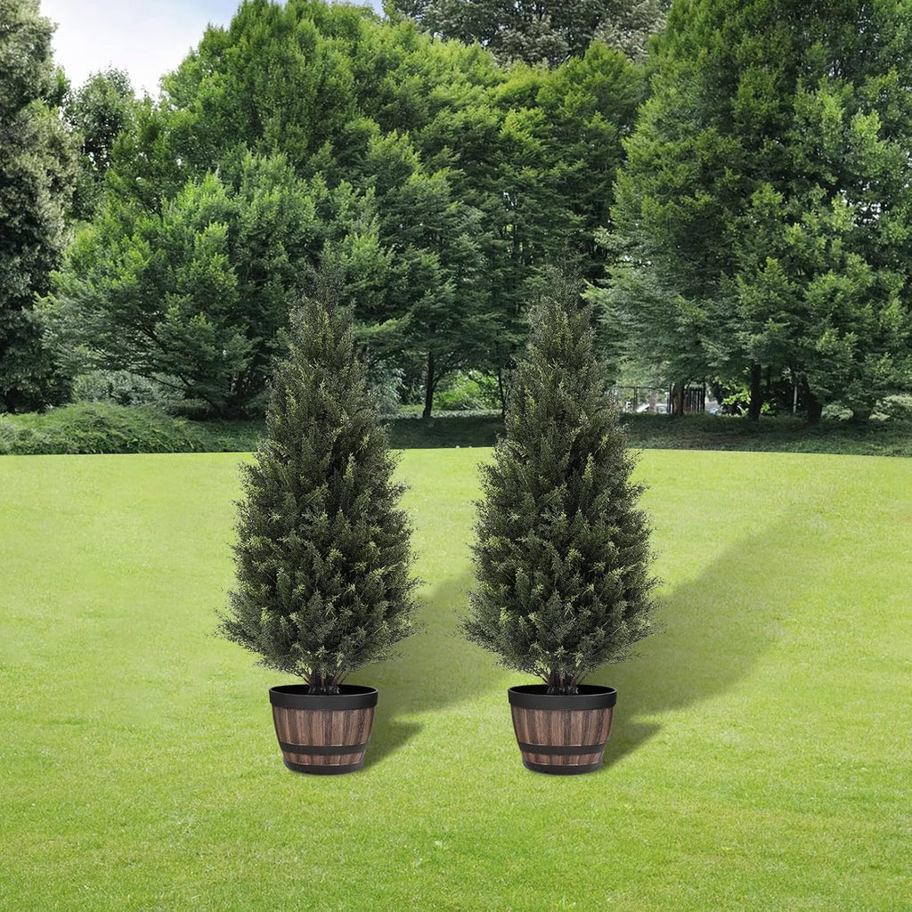 3ft(35”) Artificial Cedar Outdoor Artificial Shrub Sunlight Resistant Leafy Potted Plant for Indoor Porch of Home and Office Artificial Outdoor Tree 2 Pieces a Set Topiary Trees