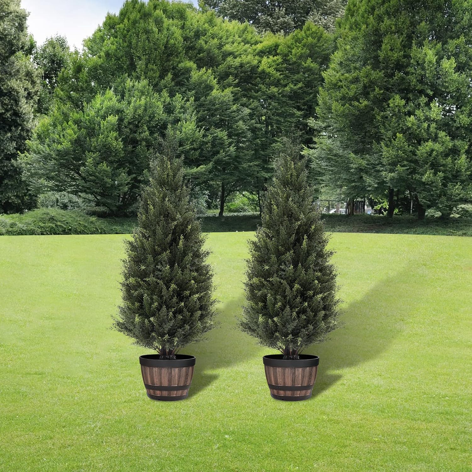 3ft(35”) Artificial Cedar Outdoor Artificial Shrub Sunlight Resistant Leafy Potted Plant for Indoor Porch of Home and Office Artificial Outdoor Tree 2 Pieces a Set Topiary Trees