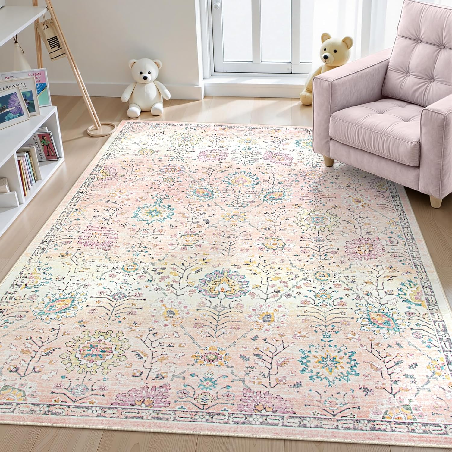 Lahome Pink Boho Area Rug, 8x10 Washable Rugs for Bedroom Girls Living Room, Soft Blush Floral Non Slip Pastel Thin Floor Carpet for Classroom Playroom Home Decor