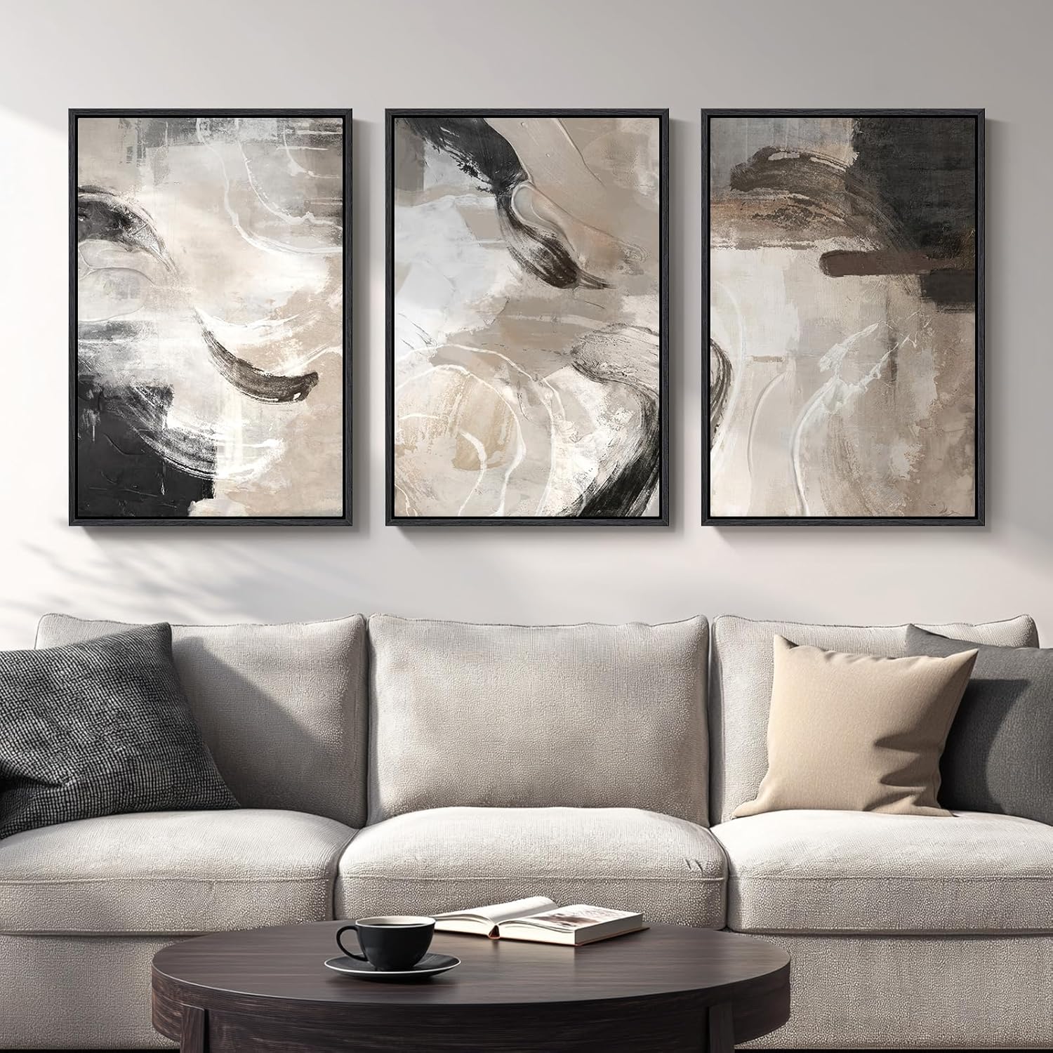 Large Framed Neutral Abstract Wall Art for Living Room, 3 Piece Modern Canvas Prints Paintings Artwork for Walls, Black and Beige Pictures for Living Room Hallway Stair Office Wall Decor 24x36 Inch
