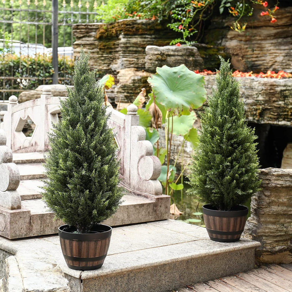 3ft(35”) Artificial Cedar Outdoor Artificial Shrub Sunlight Resistant Leafy Potted Plant for Indoor Porch of Home and Office Artificial Outdoor Tree 2 Pieces a Set Topiary Trees