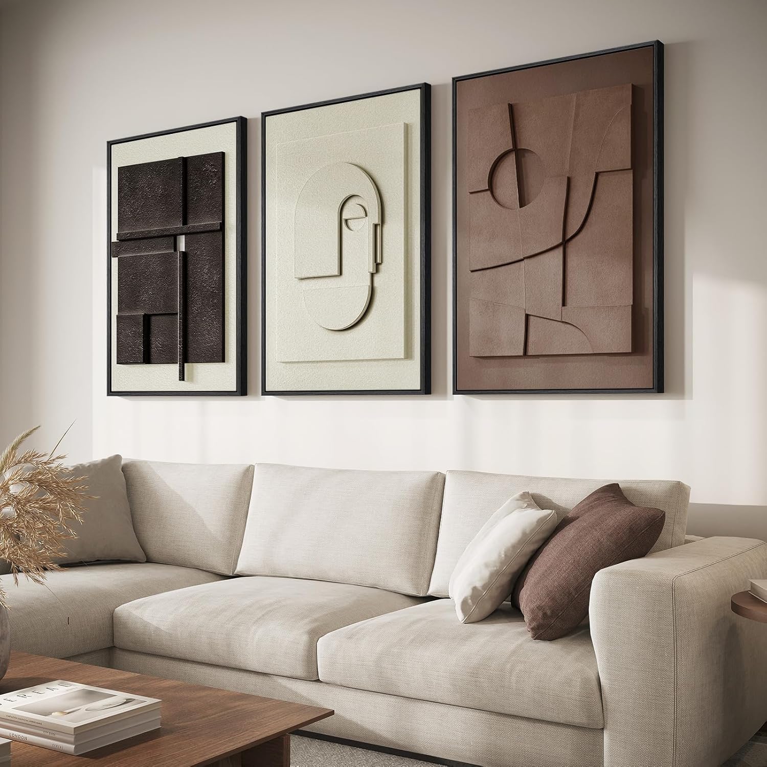 Large 3D Textured Framed Boho Neutral Abstract Wall Art for Living Room, 3 Piece Modern Paintings Artwork for Walls, Black White Brown Minimalist Geometric Pictures for Hallway Office Wall Decor 24x36 In