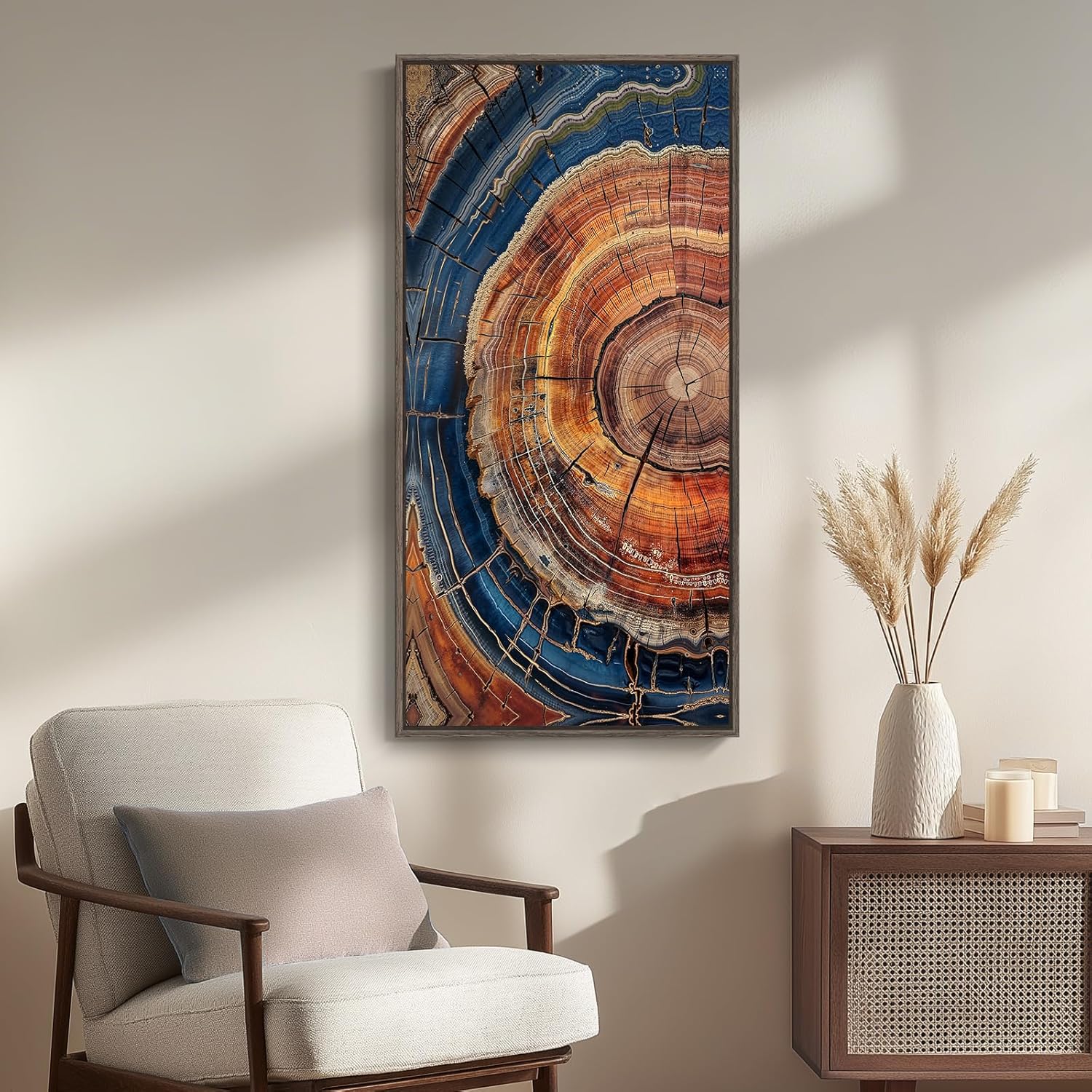 Framed Vertical Colorful Tree Ring Living Room Wall Art, Large Vintage Farmhouse Wood Stump Canvas Artwork for Walls, Rustic Nature Tree Ring Painting Print for Office Kitchen Foyer Stair Wall Decor, 20x40 Inch