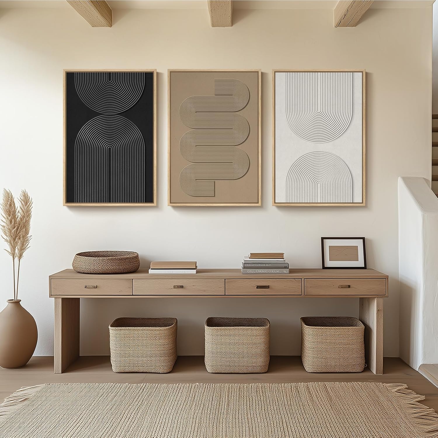 Large 3D Textured Framed Boho Neutral Abstract Wall Art for Living Room, 3 Piece Modern Paintings Artwork for Walls, Black White Brown Minimalist Geometric Pictures for Hallway Office Wall Decor 24x36 In