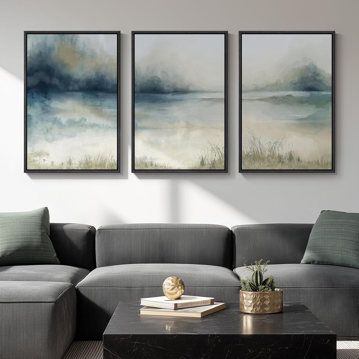 Large Framed Blue and Grey Abstract Wall Art for Living Room, 3 Piece Modern Canvas Prints Paintings Artwork for Walls, Minimalist Abstract Pictures Wall Decor for Hallway Office Bedroom 24x36 In