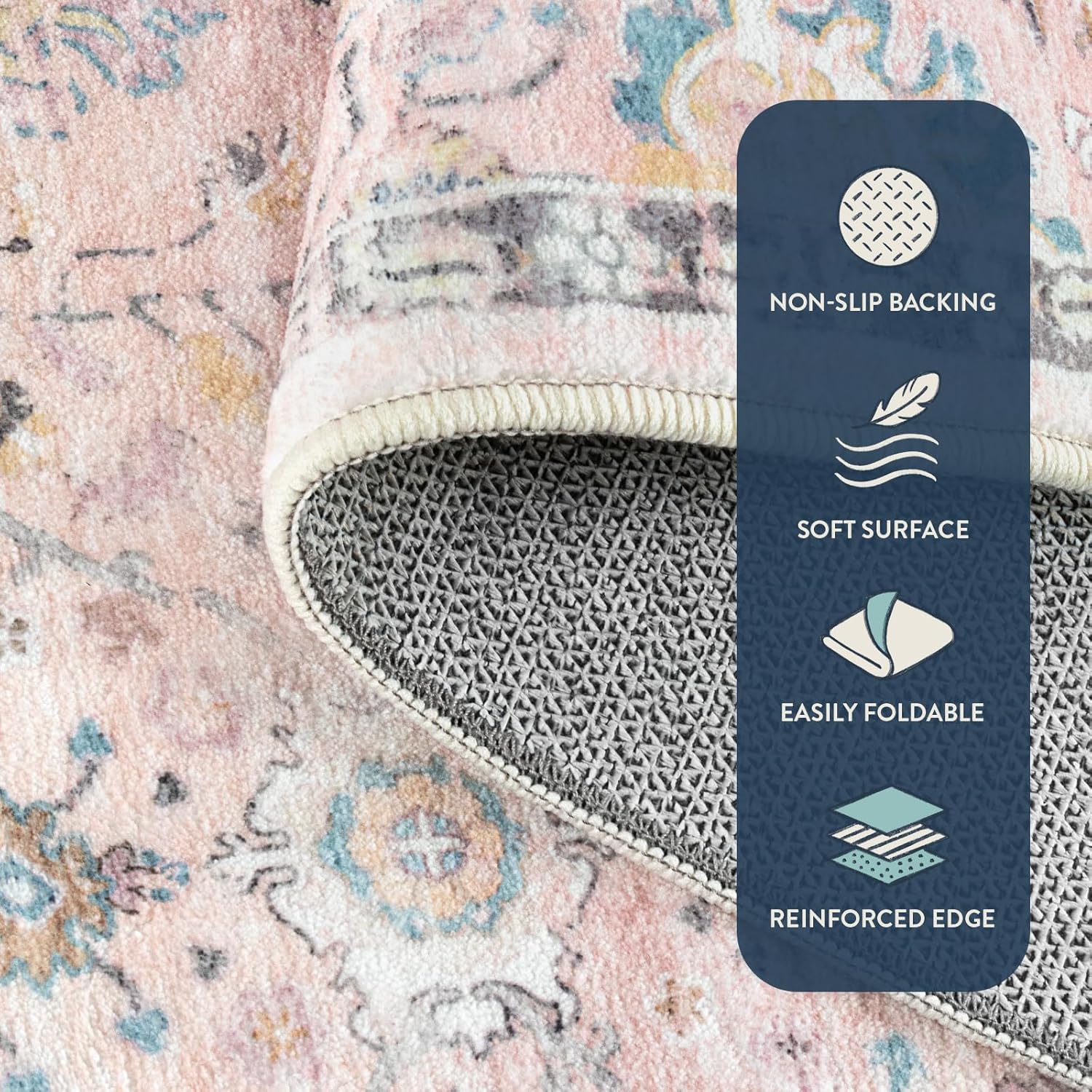 Lahome Pink Boho Area Rug, 8x10 Washable Rugs for Bedroom Girls Living Room, Soft Blush Floral Non Slip Pastel Thin Floor Carpet for Classroom Playroom Home Decor