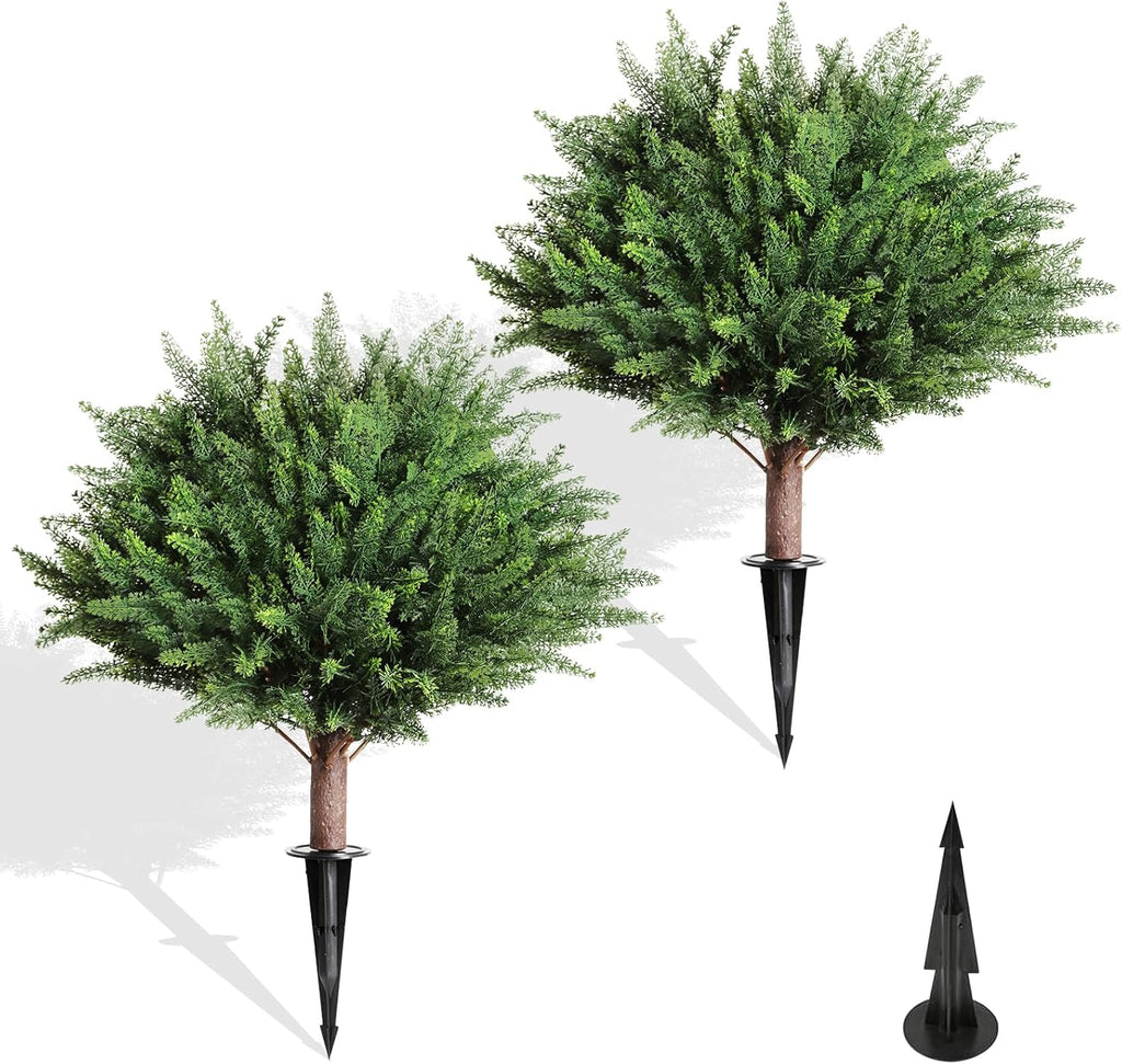 23" Artificial Cedar Topiary Ball Trees ，Set of 2 Outdoor Faux Plants with Ground Spike, UV Resistant Fake Pine Shrubs Bushes for Indoor Front Porch Yard Decorations (Cypres)